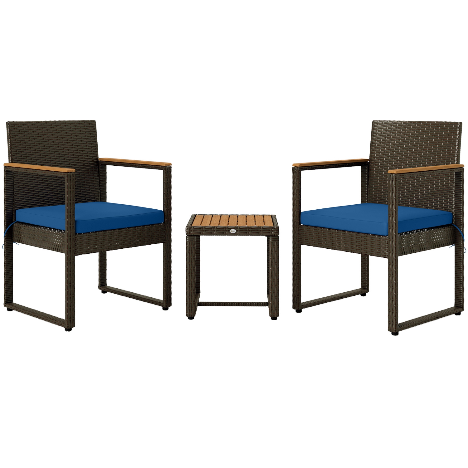 Outsunny 3 Pieces Wicker Patio Furniture Set, Rattan Bistro Set w/ 2 Patio Chairs, Acacia Wood Table & Removable Cushions, Patio Conversation Set for