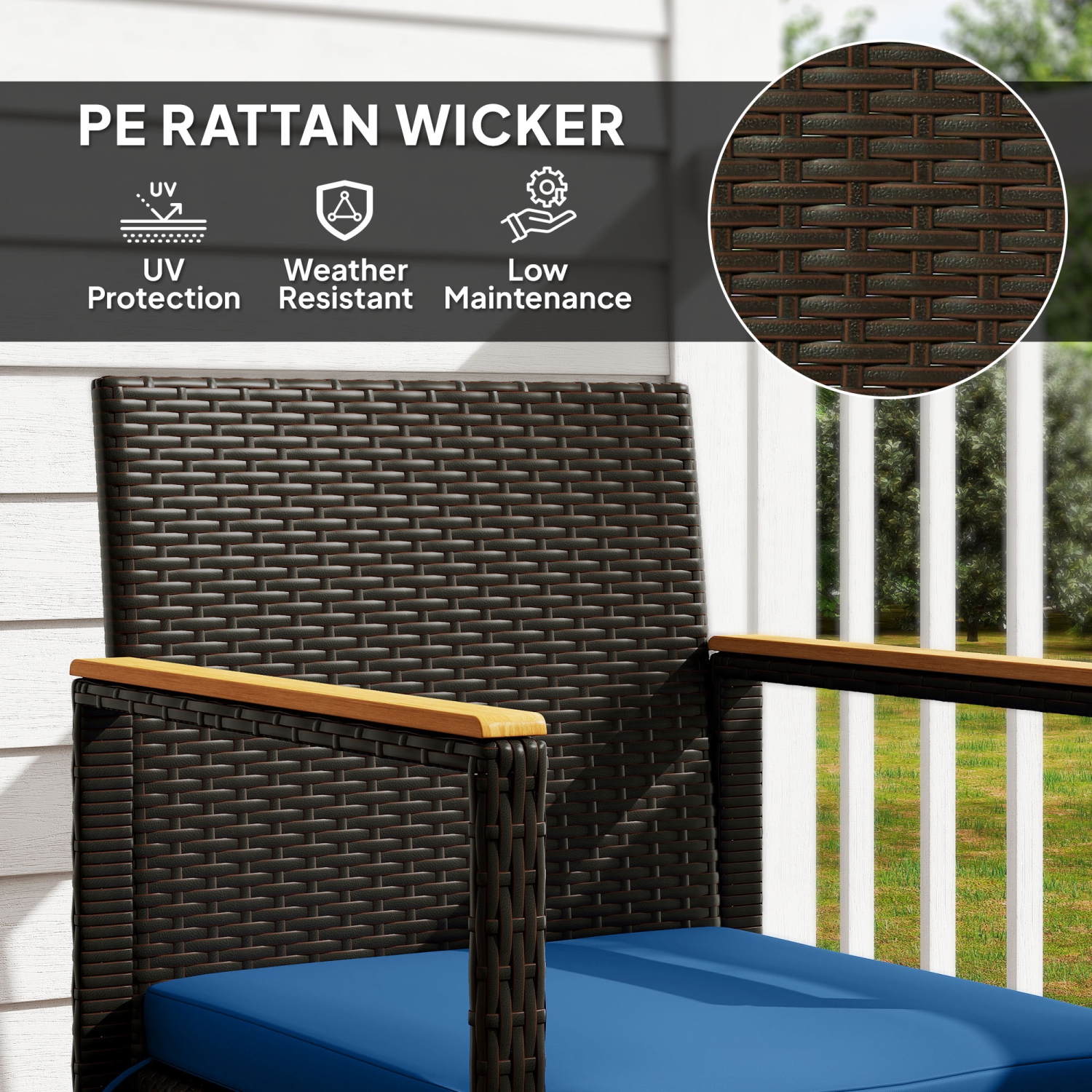 Outsunny 3 Pieces Wicker Patio Furniture Set, Rattan Bistro Set w/ 2 Patio Chairs, Acacia Wood Table & Removable Cushions, Patio Conversation Set for