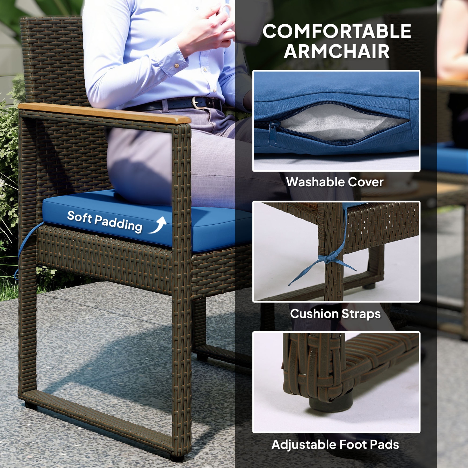 Outsunny 3 Pieces Wicker Patio Furniture Set, Rattan Bistro Set w/ 2 Patio Chairs, Acacia Wood Table & Removable Cushions, Patio Conversation Set for