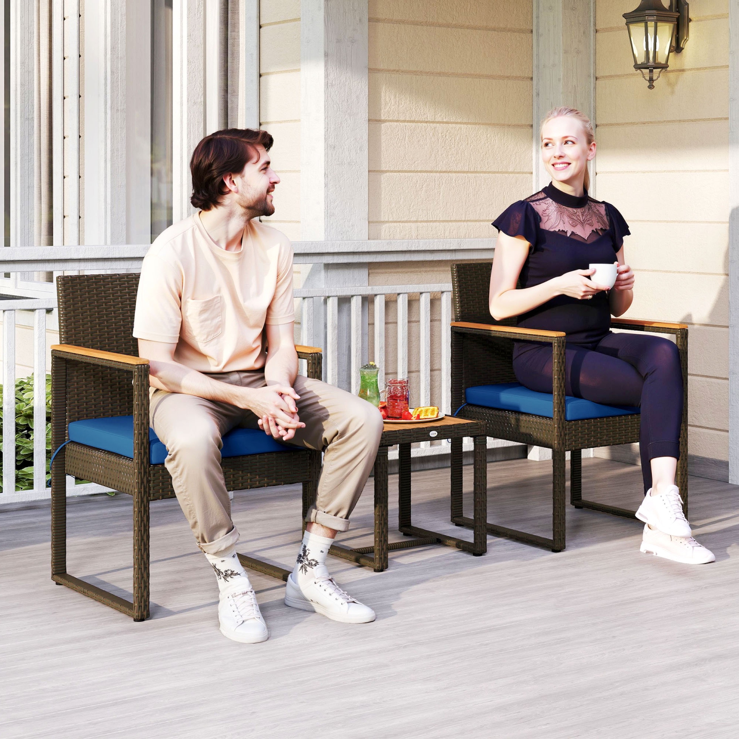 Outsunny 3 Pieces Wicker Patio Furniture Set, Rattan Bistro Set w/ 2 Patio Chairs, Acacia Wood Table & Removable Cushions, Patio Conversation Set for