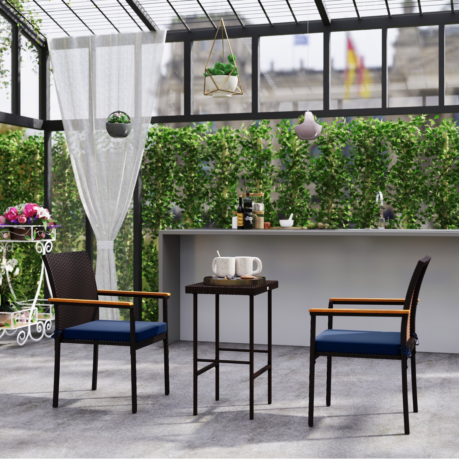 Ensemble de 2 chaises de patio empilables en osier Outsunny, chaises de salle à manger d'extérieur en rotin de PE avec coussin amovible, accoudoirs