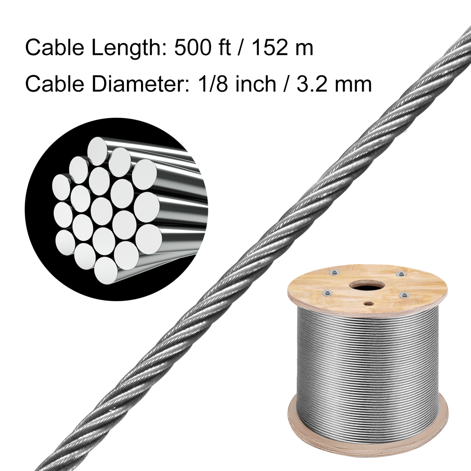 VEVOR 316 Stainless Steel Cable 1/8" 1x19 Steel Cable Wire Rope 150M/500FT Cable Railing Transport Wire Rope Cable for Railing Decking DIY