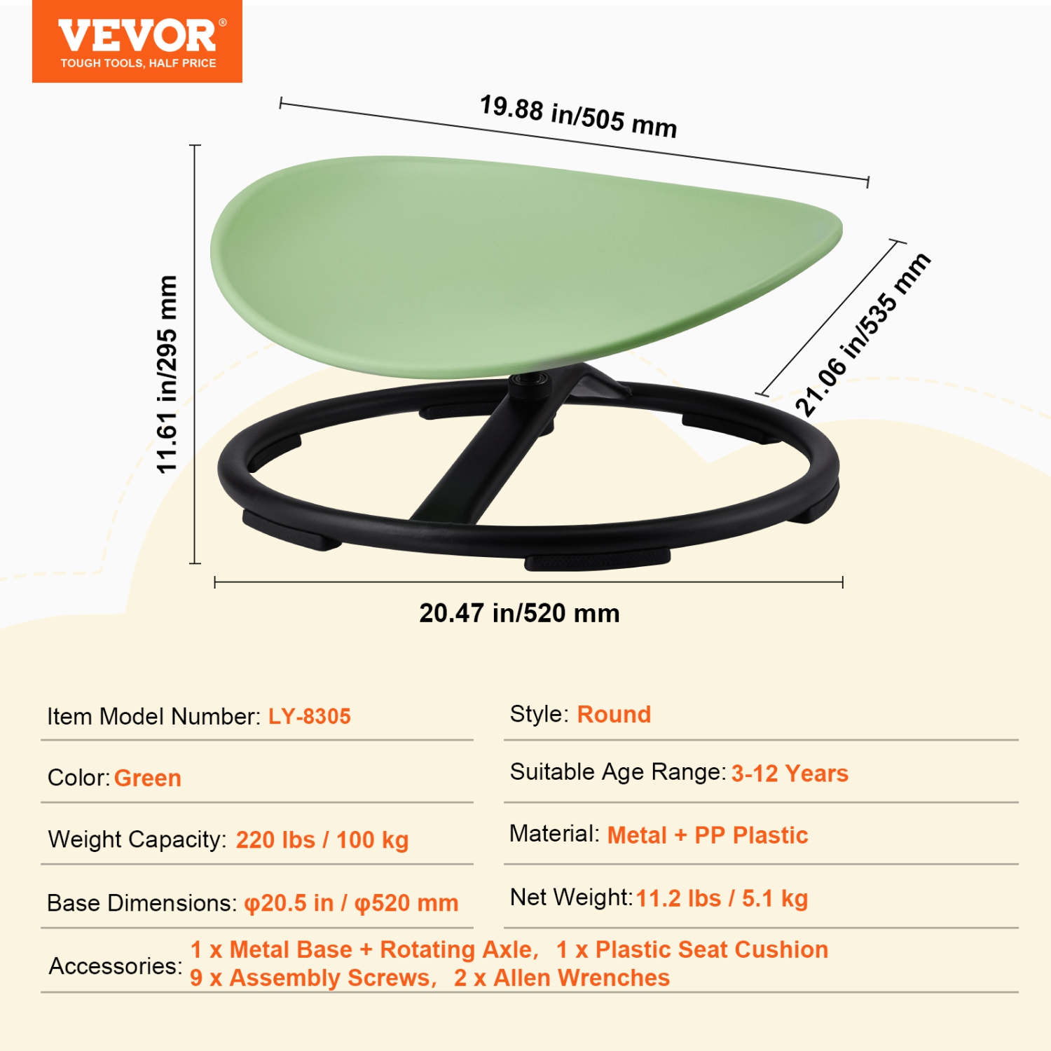 VEVOR 220 LBS Kids Swivel Chair, Sensory Spinning Chair, Autistic Kids Sensory Toy Chair with Non-Slip Metal Base, Toddler Sit and Spin Chair for