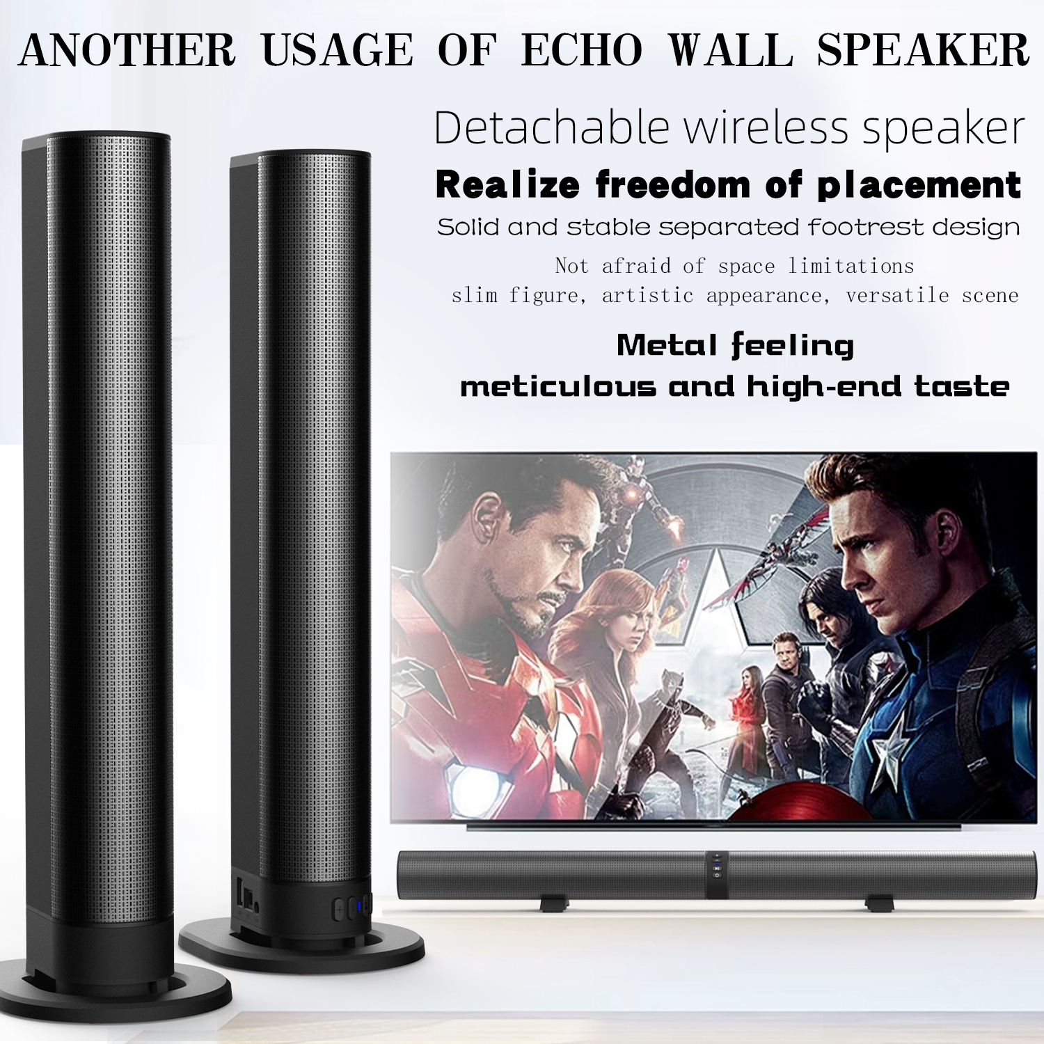 Detachable Surround Sound Bar Wireless Subwoofer 2 Speaker System Home Theater