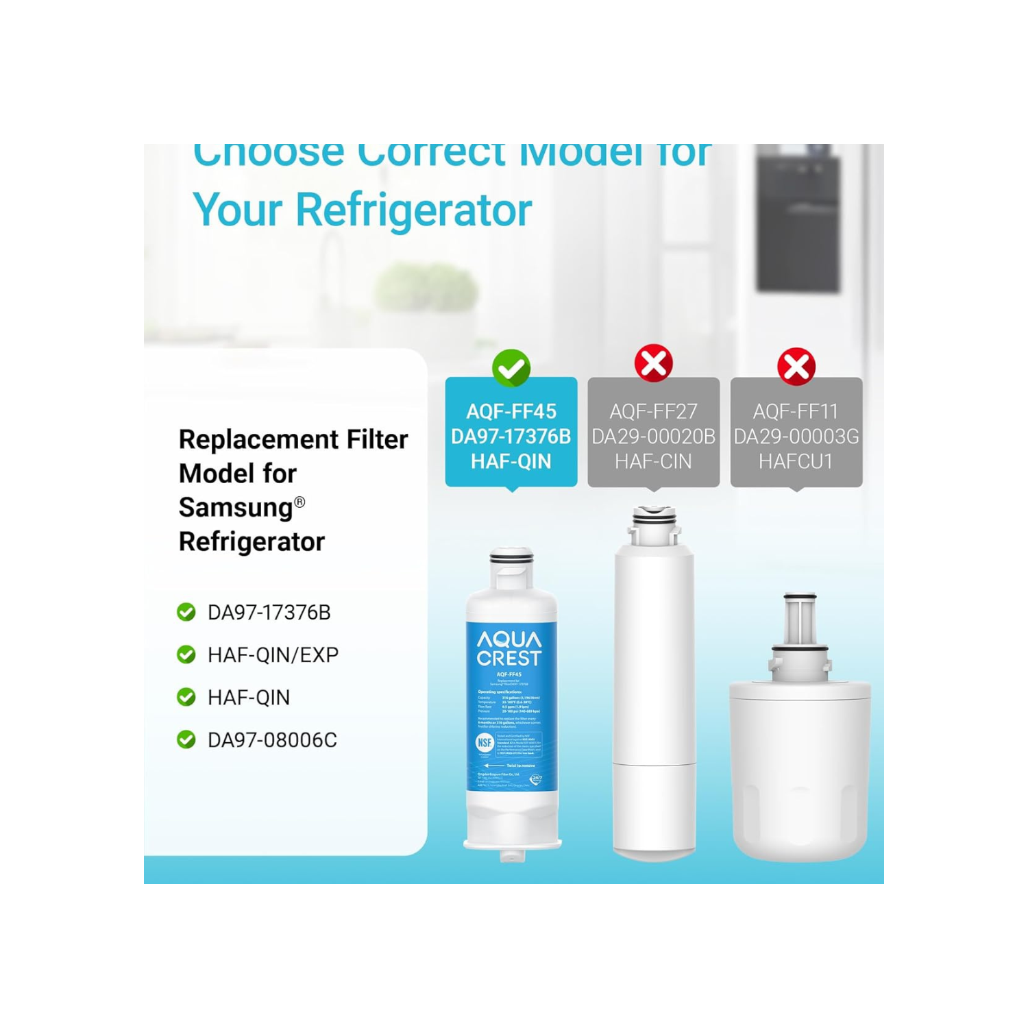 AQUA CREST HAF-Qin/EXP Replacement for Samsung DA97-17376B, DA97-08006C, HAF-Qin, RS27T5200SR, RF28T5001SR, RF24R7201SR, RF28R6201SR, Refrigerator