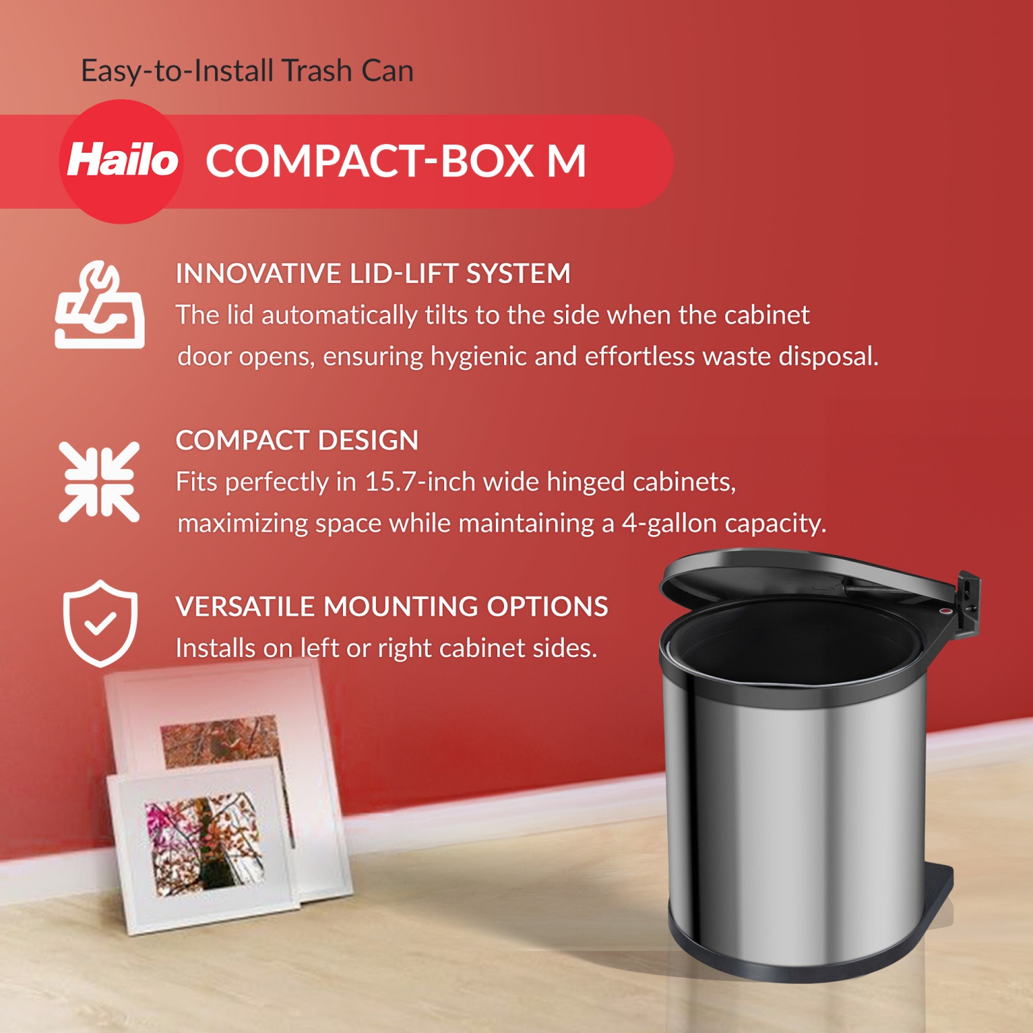 Hailo – Poubelle compacte M, 4 gallons, couvercle relevable, petit bac de cuisine, acier