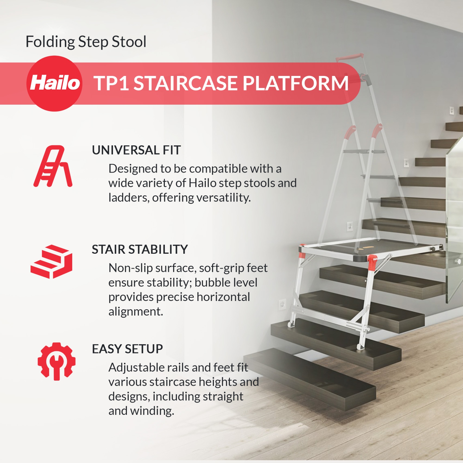 Hailo – Plateforme d'escalier TP1 pour escabeaux et échelles, capacité 330 lb, noir