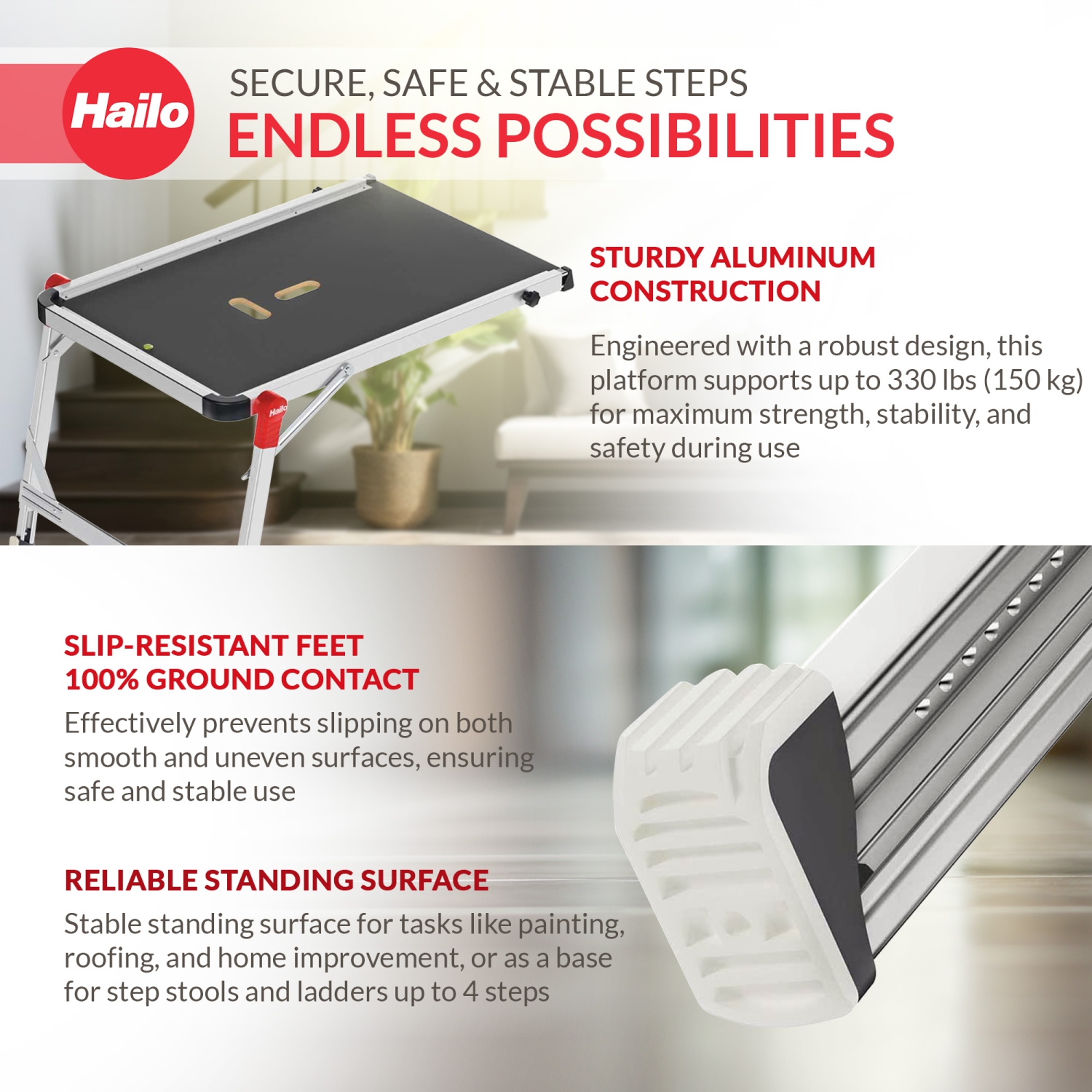 Hailo – Plateforme d'escalier TP1 pour escabeaux et échelles, capacité 330 lb, noir