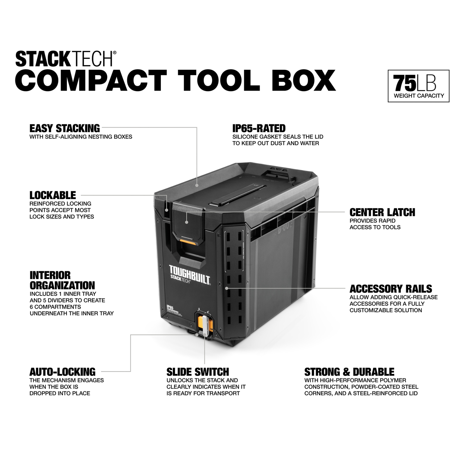 Coffre à outils compact verrouillable StackTech de ToughBuilt avec plateau amovible