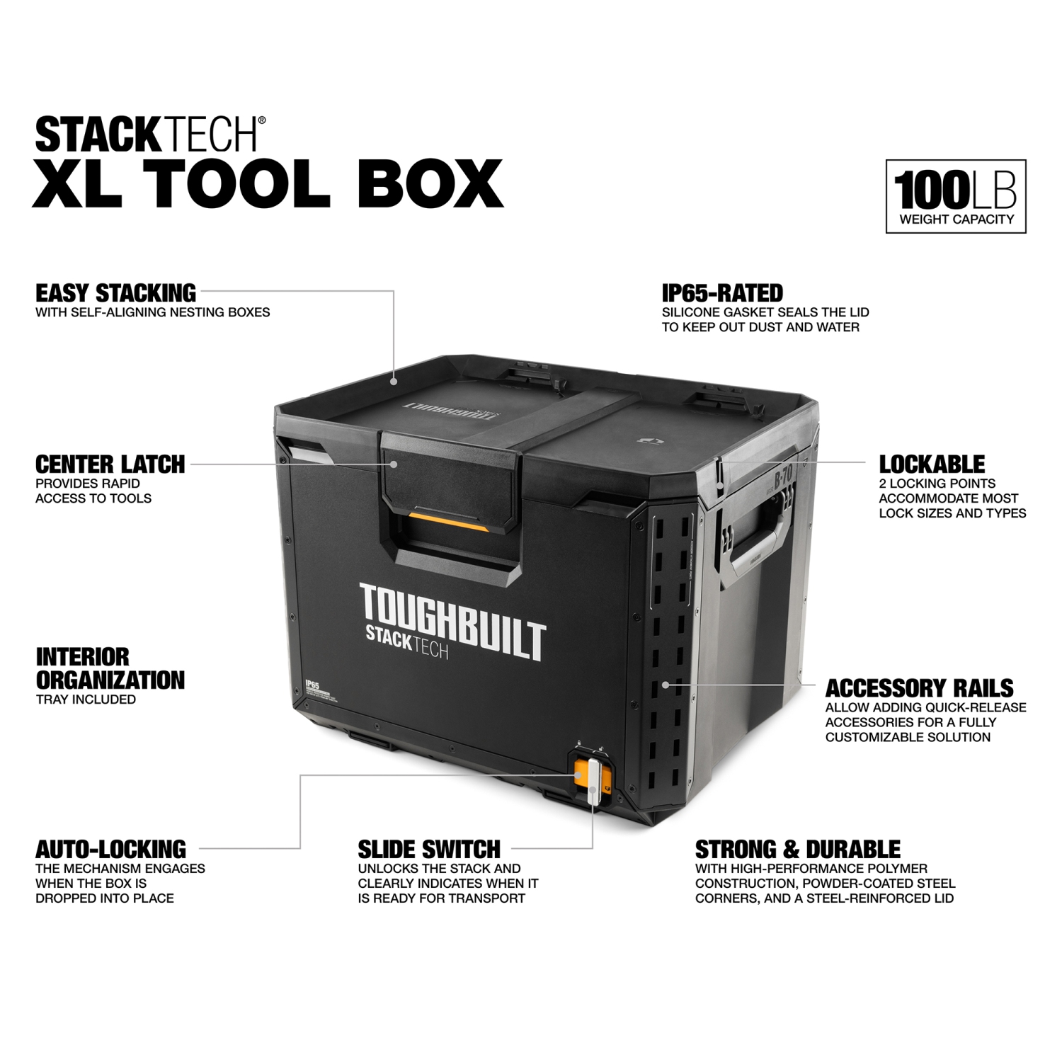 Panier à outils StackTech XL de ToughBuilt avec verrou et plateau amovible, noir