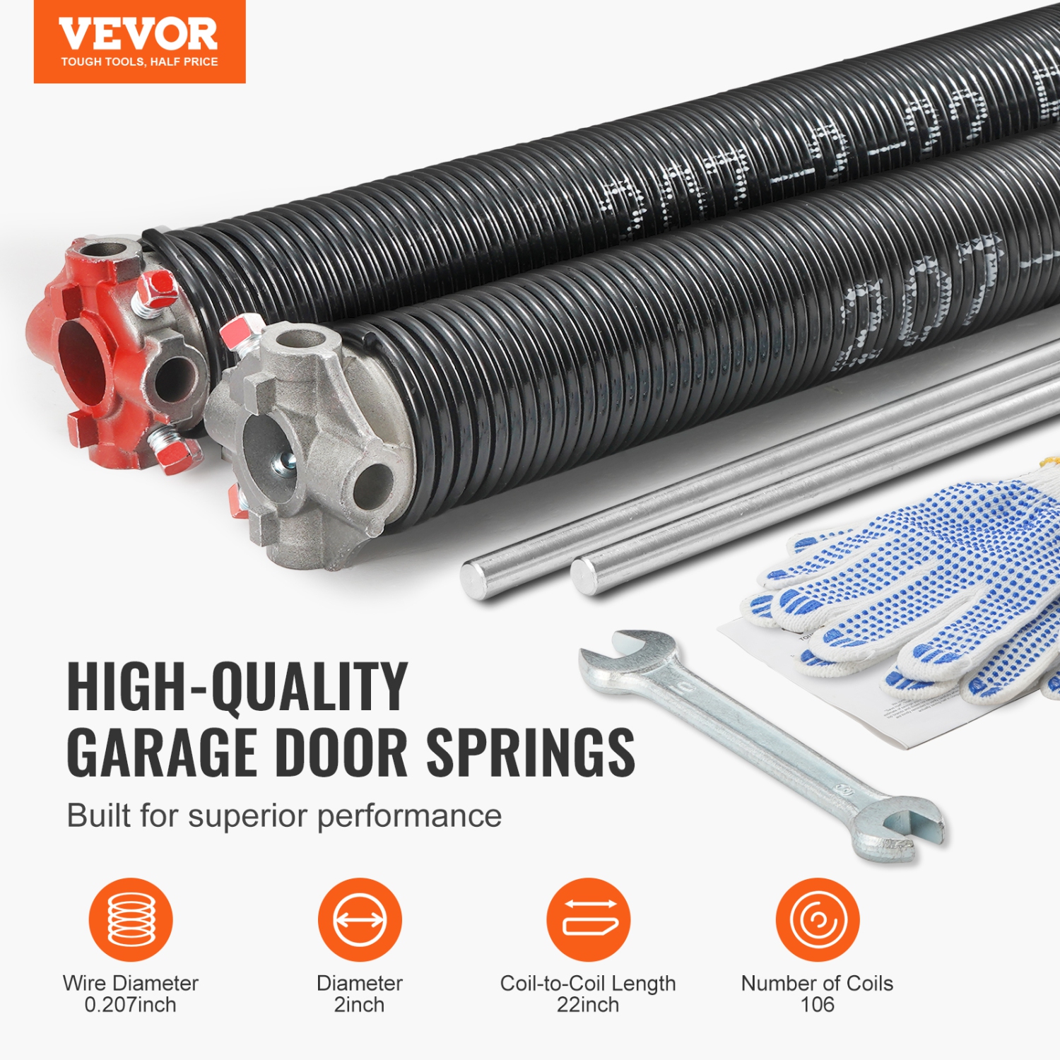 VEVOR 0.207 x 2 x 22inch Garage Door Torsion Springs,16000 Cycles,Garage Door Springs with Non-Slip Winding Bars, Gloves and Mounting Wrench,