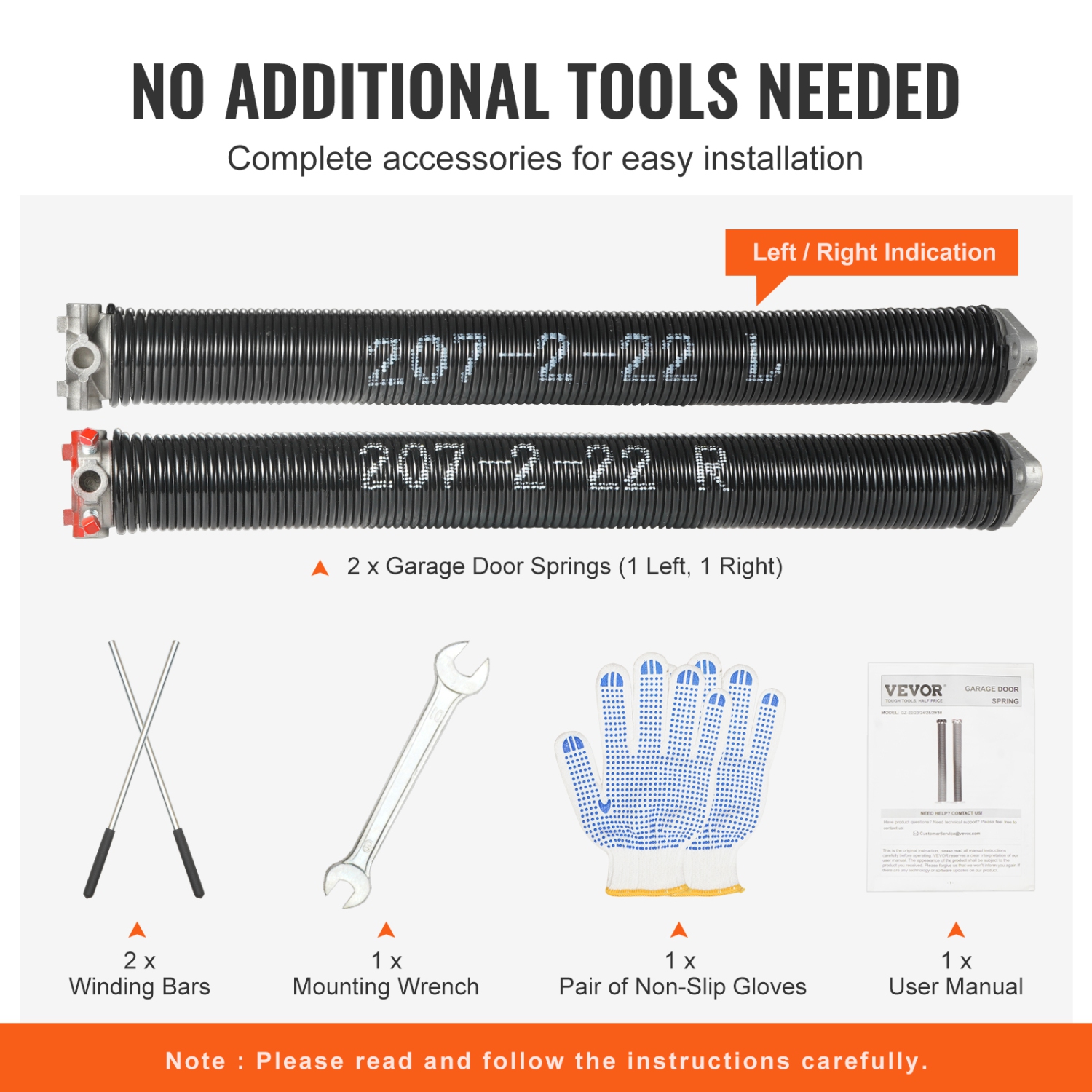 VEVOR 0.207 x 2 x 22inch Garage Door Torsion Springs,16000 Cycles,Garage Door Springs with Non-Slip Winding Bars, Gloves and Mounting Wrench,