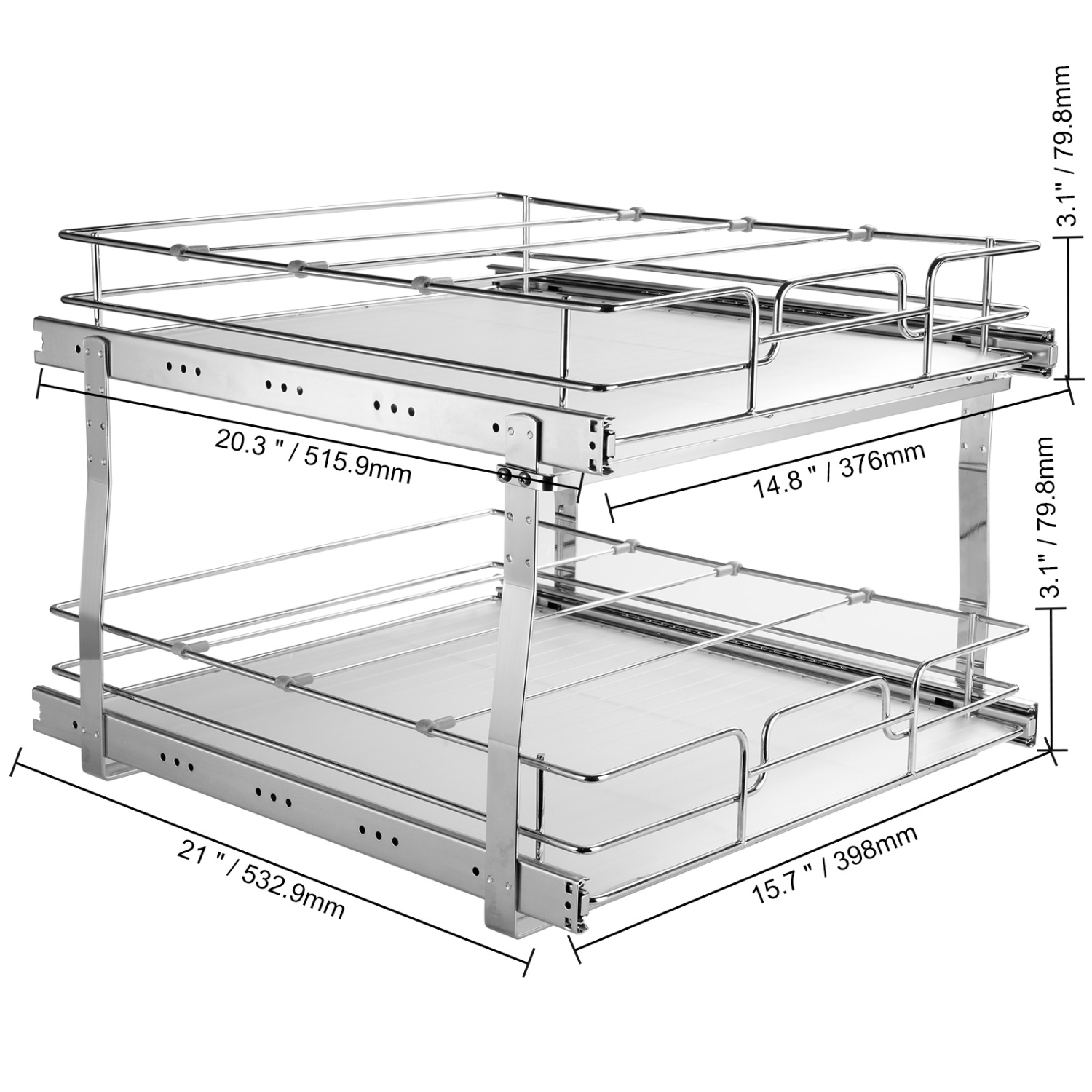 VEVOR 16"W x 21"D 2 Tier Pull Out Cabinet Organizer, Heavy Duty Slide Out Pantry Shelves, Chrome-Plated Steel Roll Out Drawers, Sliding Drawer