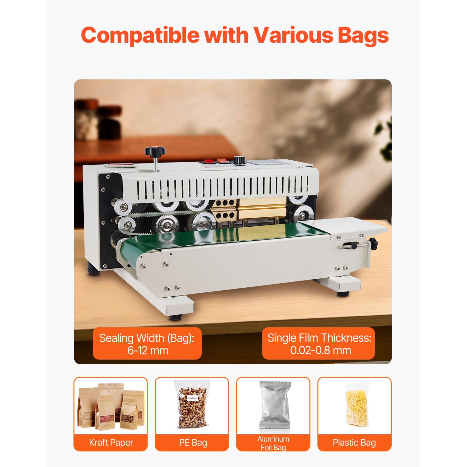 VEVOR 0.24-0.47 in/6-12 mm Continuous Bag Band Sealing Machine, Horizontal Band Sealer Machine with Digital Temperature Control and Count Function,