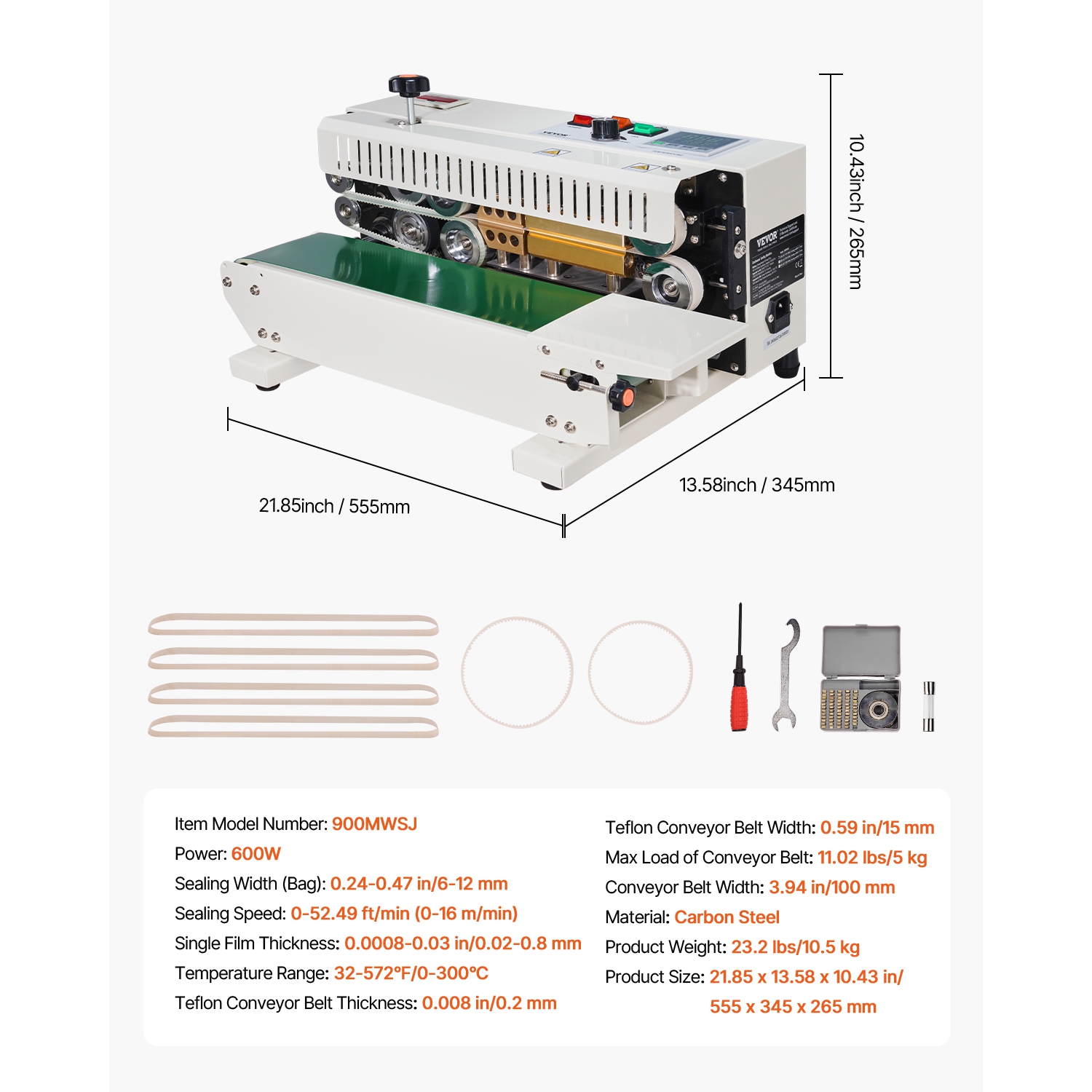 VEVOR 0.24-0.47 in/6-12 mm Continuous Bag Band Sealing Machine, Horizontal Band Sealer Machine with Digital Temperature Control and Count Function,