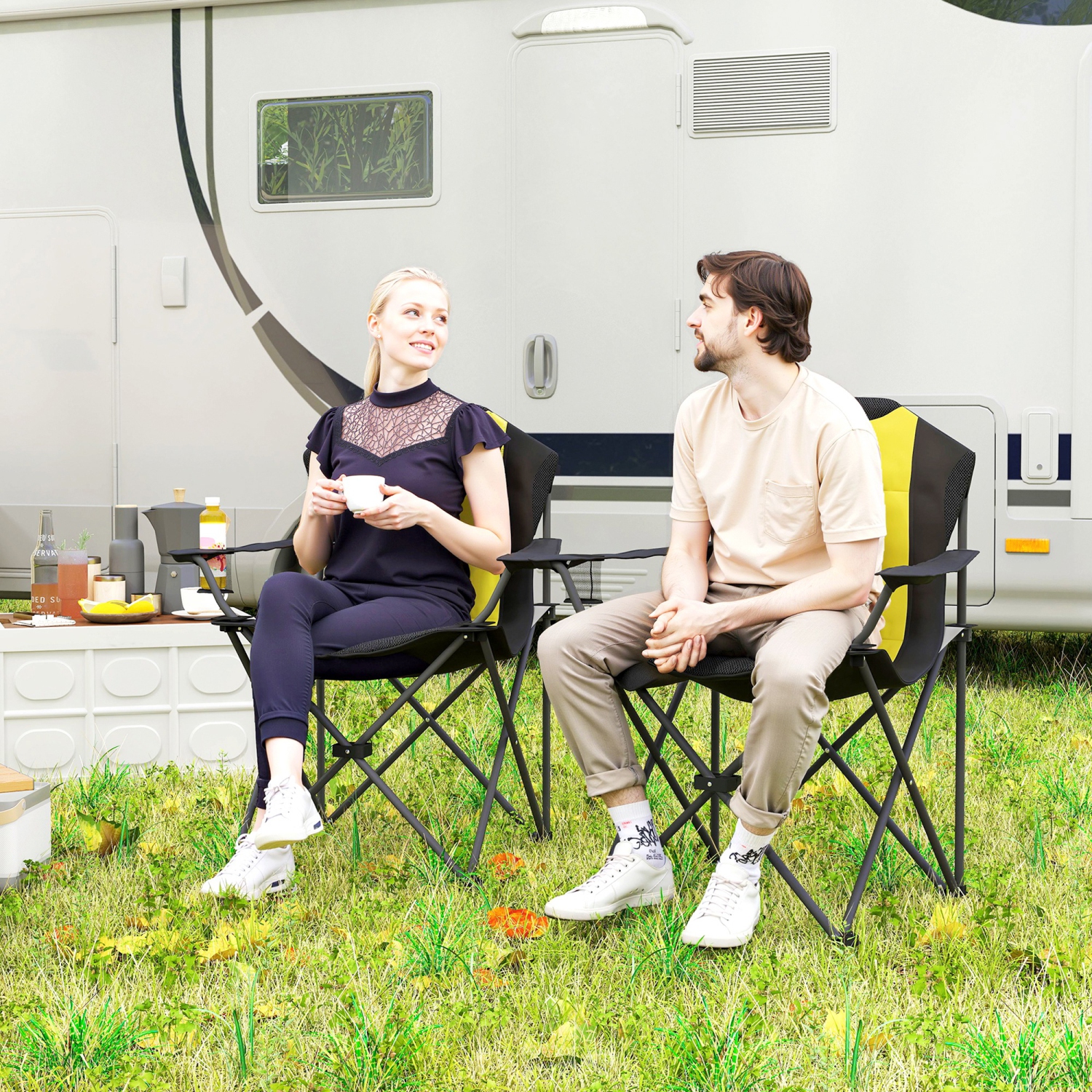 Outsunny Folding Camping Chairs, Set of 2 High Back Folding Chairs with Cup Holder, Padded Camping Chairs for Outdoor Events, Yellow