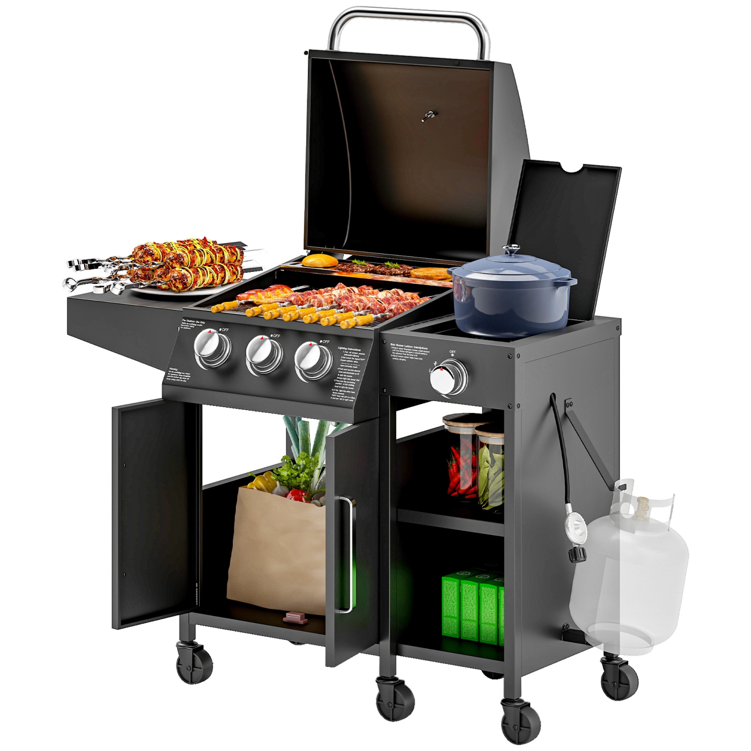 Outsunny 3 Burner Propane Gas Grill with Side Burner, 9.5 KW BBQ Grill, Cabinet Style Barbecue Cart with Shelves, Wheels, Instant Ignition for