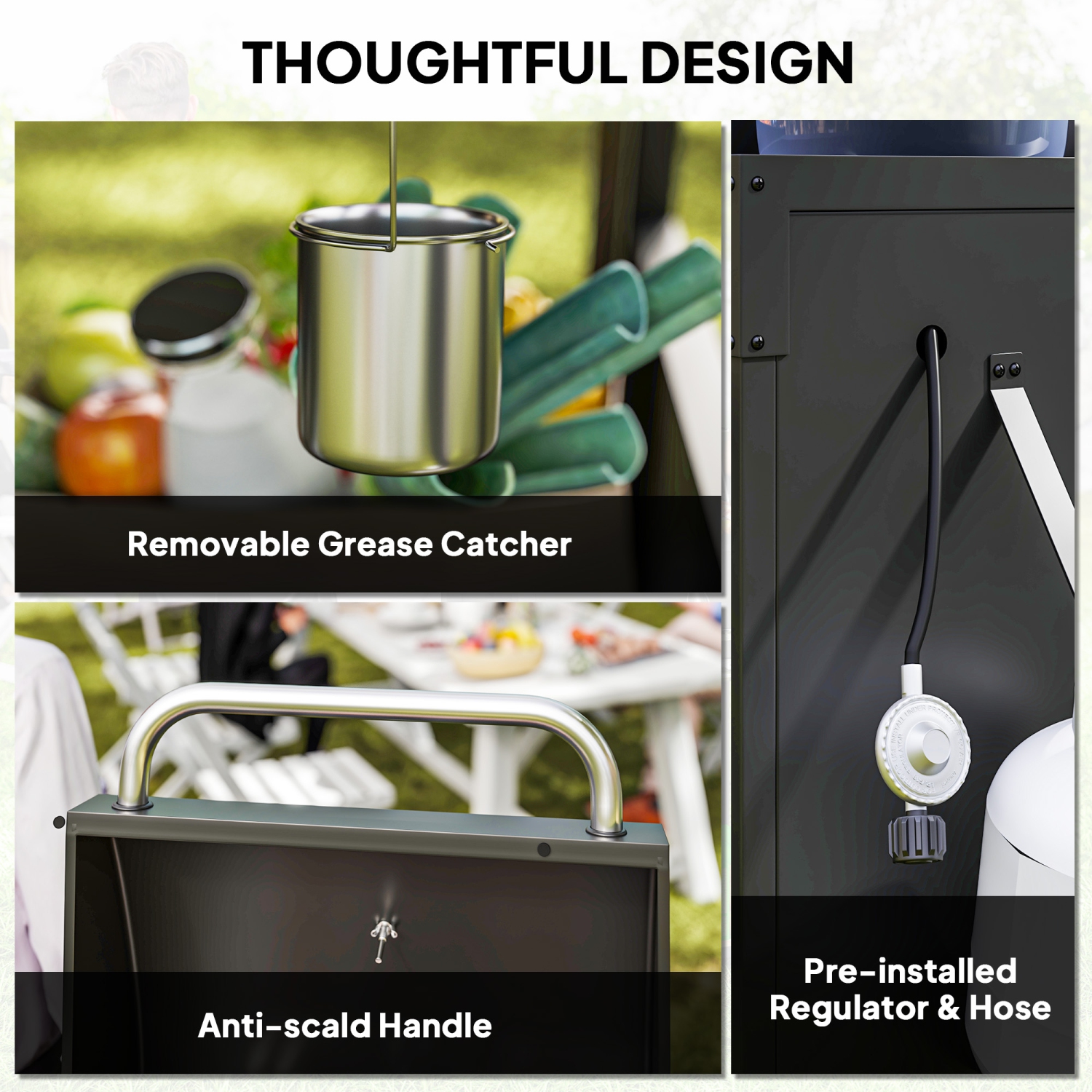 Outsunny 3 Burner Propane Gas Grill with Side Burner, 9.5 KW BBQ Grill, Cabinet Style Barbecue Cart with Shelves, Wheels, Instant Ignition for