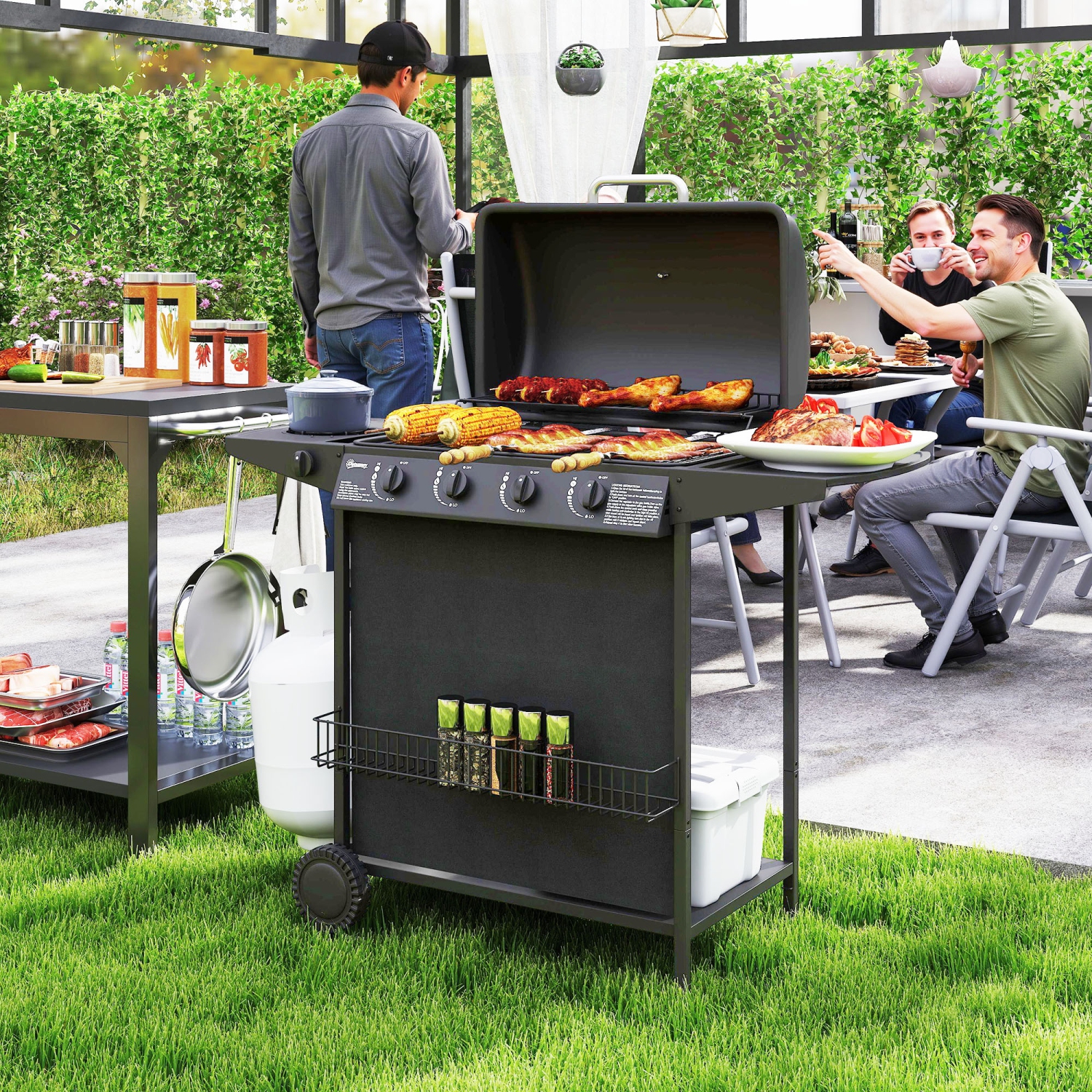 Outsunny 4+1 Burner Propane Gas BBQ Grill, Portable Gas Barbecue Grill with Side Burner, Thermometer, Lid, Side Table, Shelf, Spice Rack, Wheels,