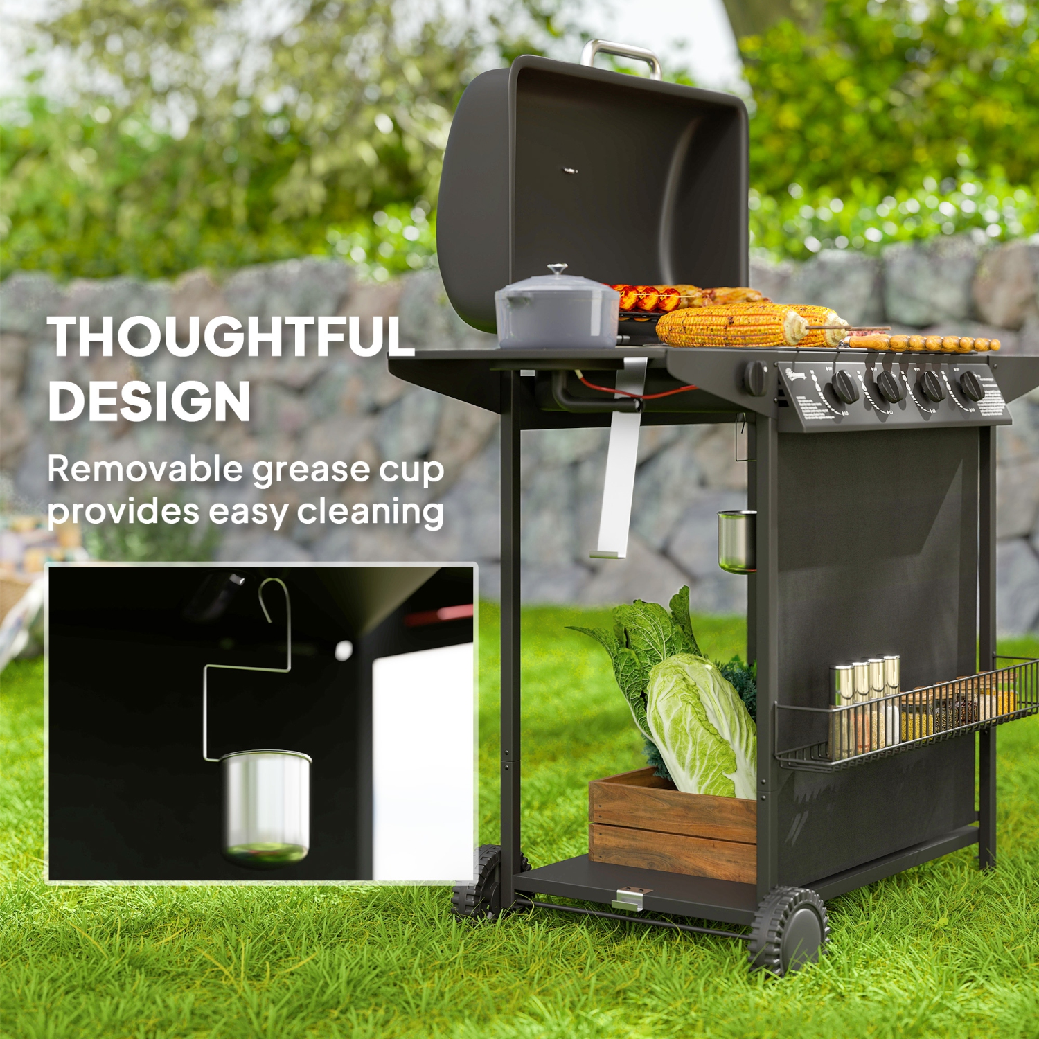 Outsunny 4+1 Burner Propane Gas BBQ Grill, Portable Gas Barbecue Grill with Side Burner, Thermometer, Lid, Side Table, Shelf, Spice Rack, Wheels,