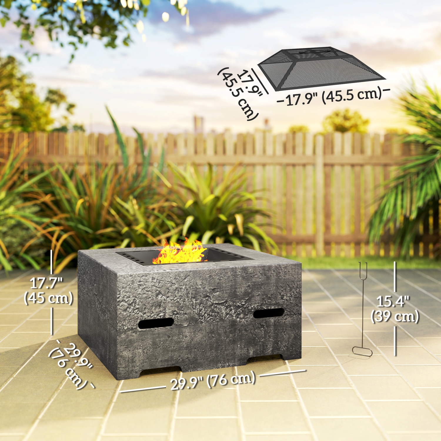 Outsunny Square Fire Pit with Fire Poker, Wood Burning Firepit for Outside with Mesh Lid, Outdoor Fireplace for Patio Bonfire Camping, Magnesium