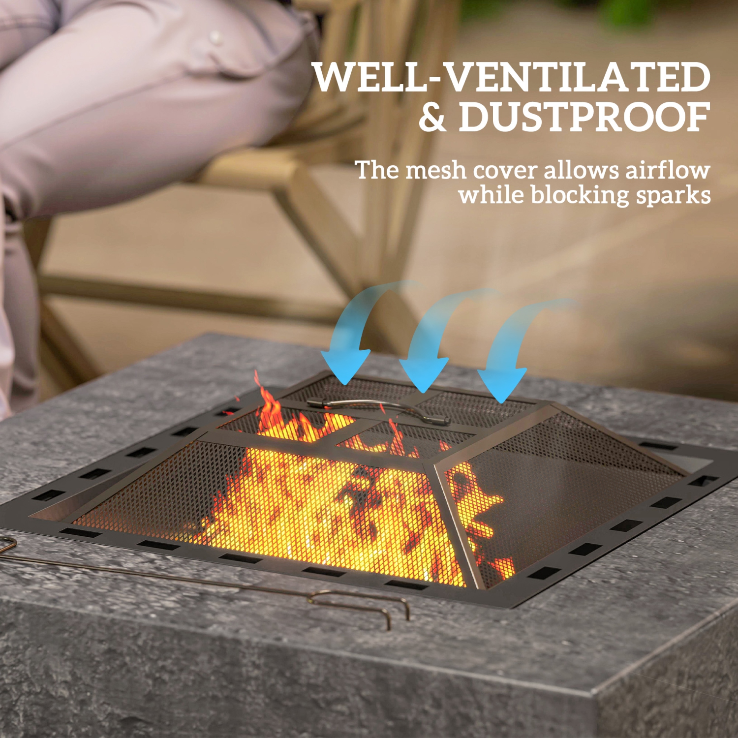 Outsunny Square Fire Pit with Fire Poker, Wood Burning Firepit for Outside with Mesh Lid, Outdoor Fireplace for Patio Bonfire Camping, Magnesium