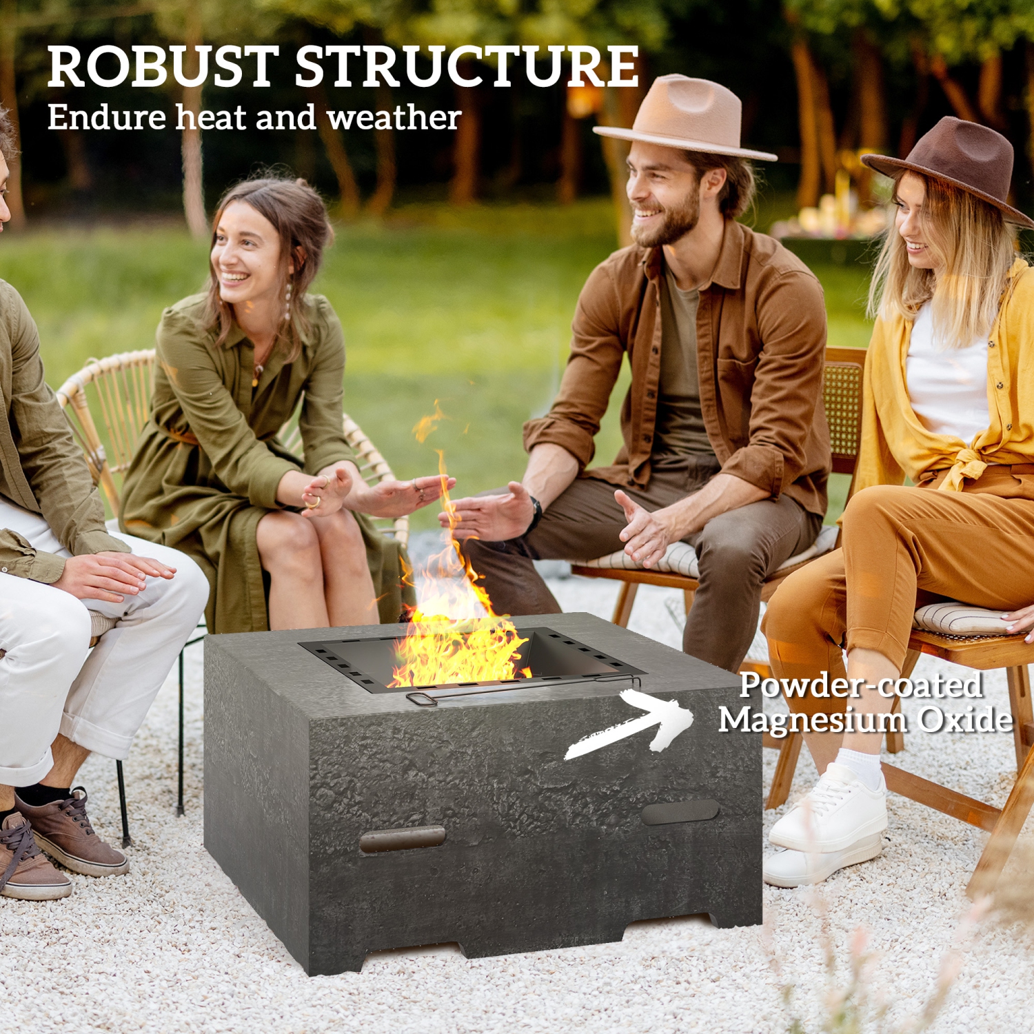 Outsunny Square Fire Pit with Fire Poker, Wood Burning Firepit for Outside with Mesh Lid, Outdoor Fireplace for Patio Bonfire Camping, Magnesium