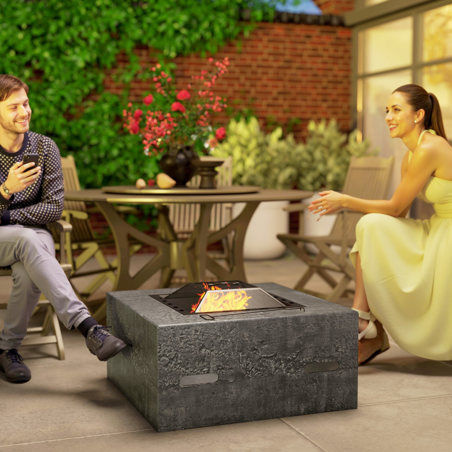 Outsunny Square Fire Pit with Fire Poker, Wood Burning Firepit for Outside with Mesh Lid, Outdoor Fireplace for Patio Bonfire Camping, Magnesium