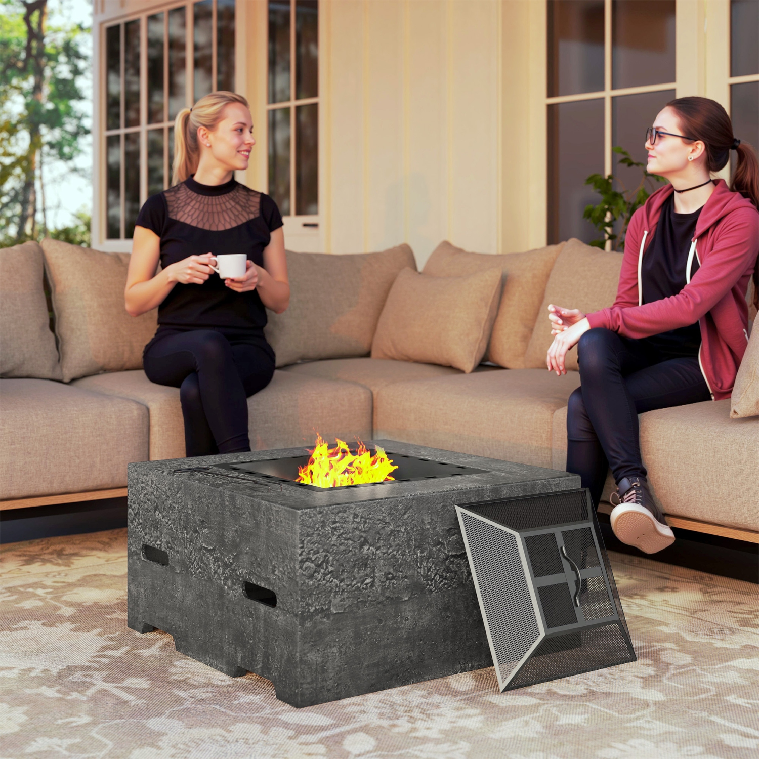 Outsunny Square Fire Pit with Fire Poker, Wood Burning Firepit for Outside with Mesh Lid, Outdoor Fireplace for Patio Bonfire Camping, Magnesium