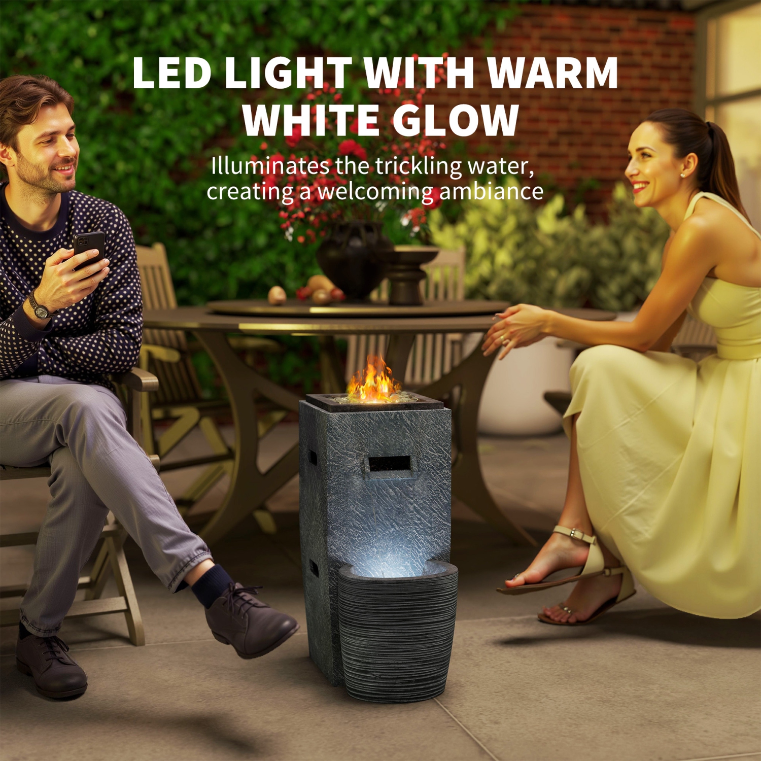 Table avec foyer au propane Outsunny avec fontaine, table à foyer au gaz extérieur 15 000 BTU avec lumière LED à débit d'eau réglable,