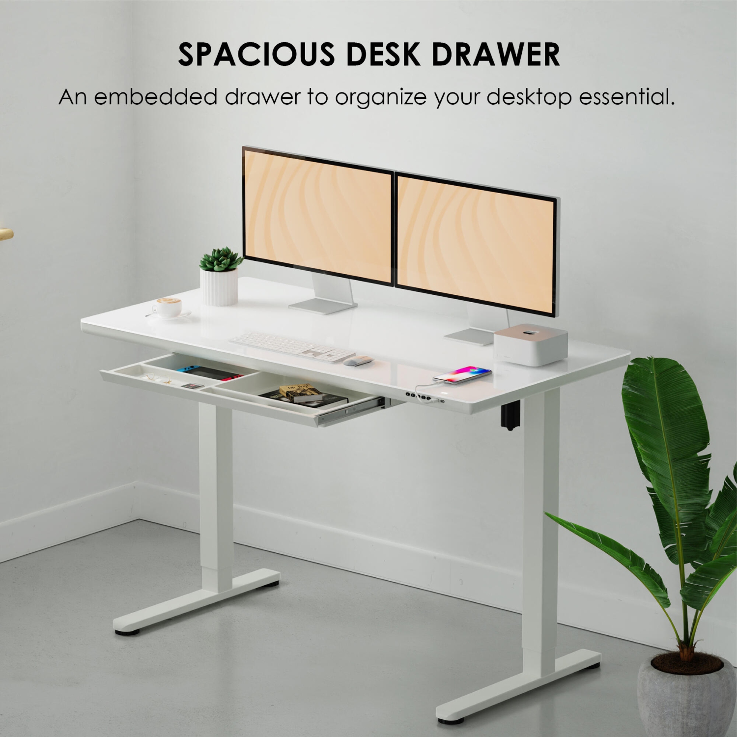 Bureau debout électrique à hauteur réglable avec dessus en verre trempé et tiroir, table de bureau ergonomique 47,2 pox23,6 po