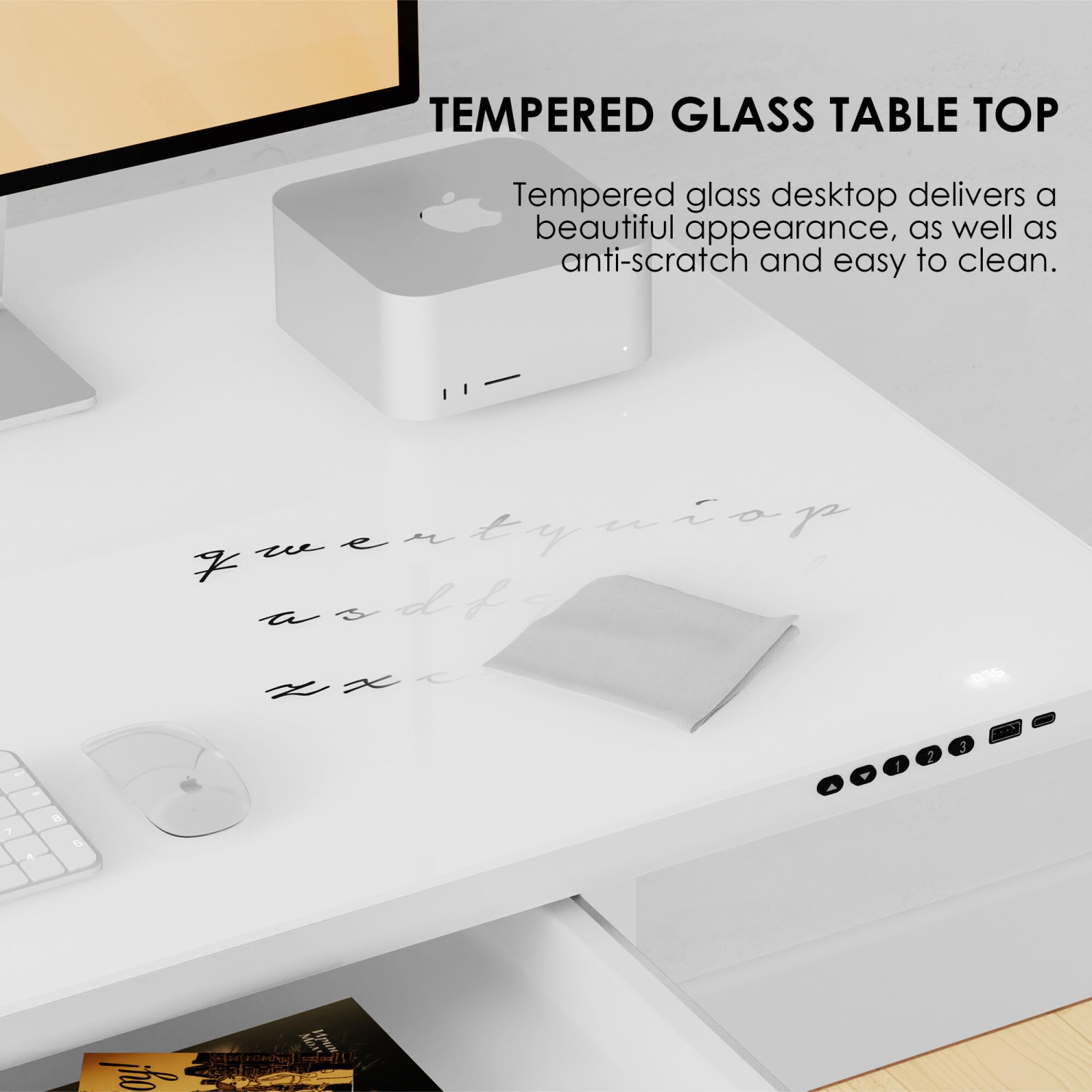 Bureau debout électrique à hauteur réglable avec dessus en verre trempé et tiroir, table de bureau ergonomique 47,2 pox23,6 po