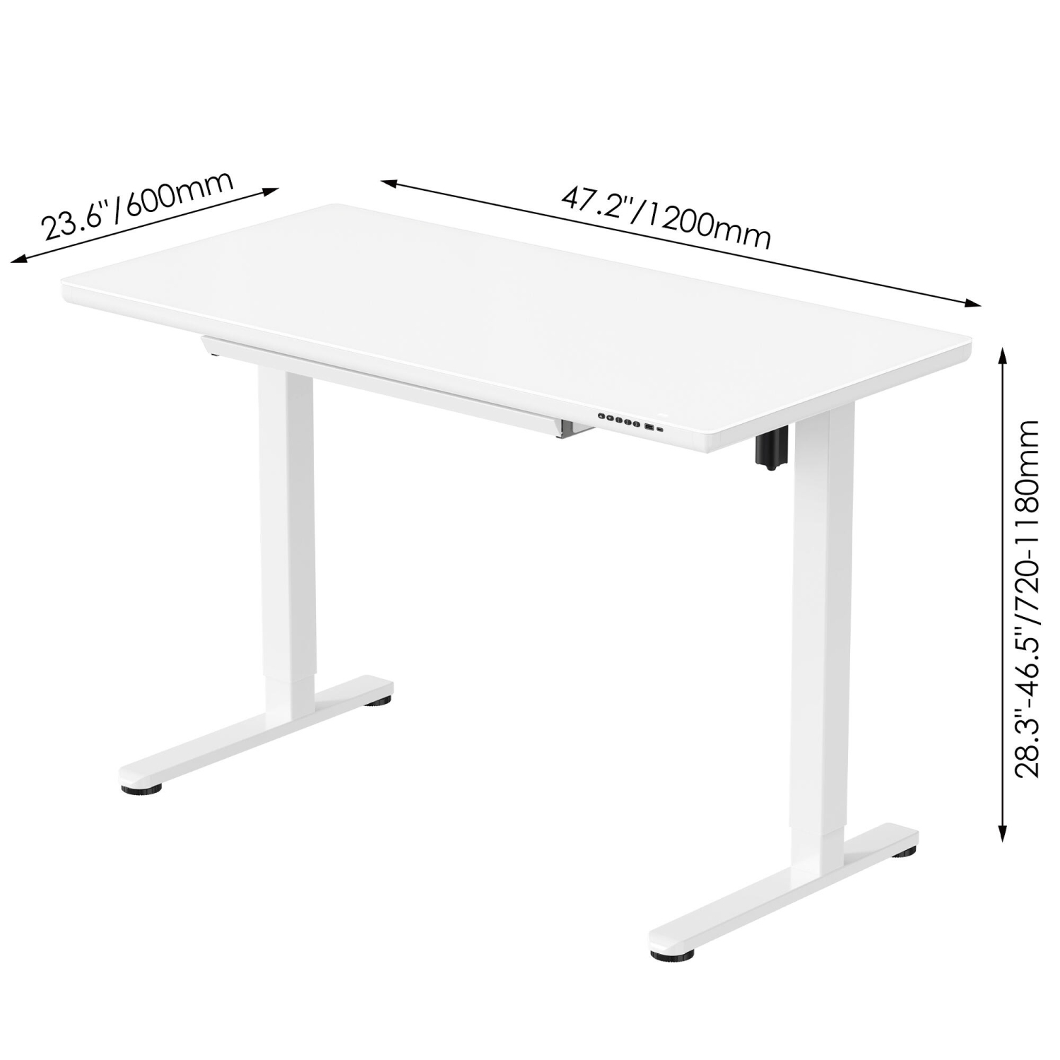 Bureau debout électrique à hauteur réglable avec dessus en verre trempé et tiroir, table de bureau ergonomique 47,2 pox23,6 po