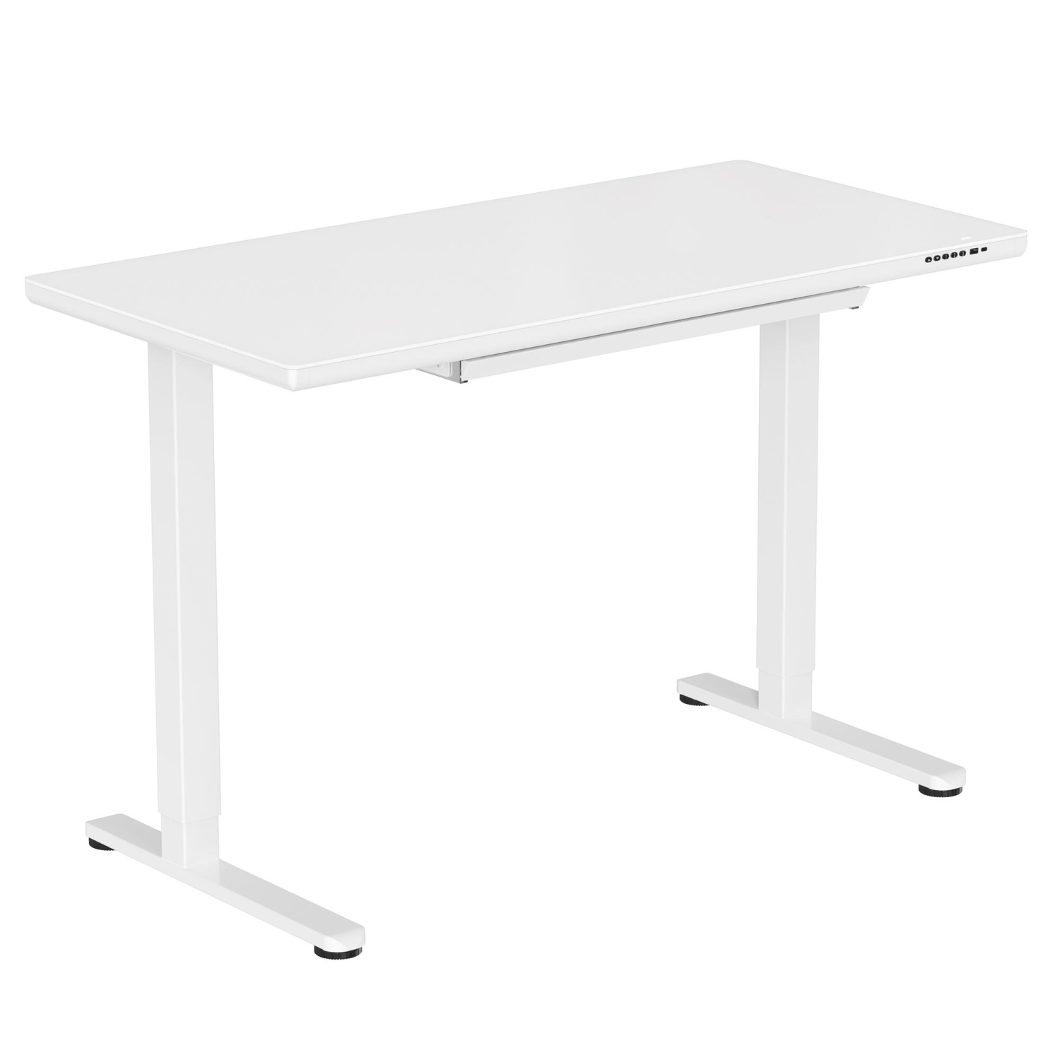 Bureau debout électrique à hauteur réglable avec dessus en verre trempé et tiroir, table de bureau ergonomique 47,2 pox23,6 po
