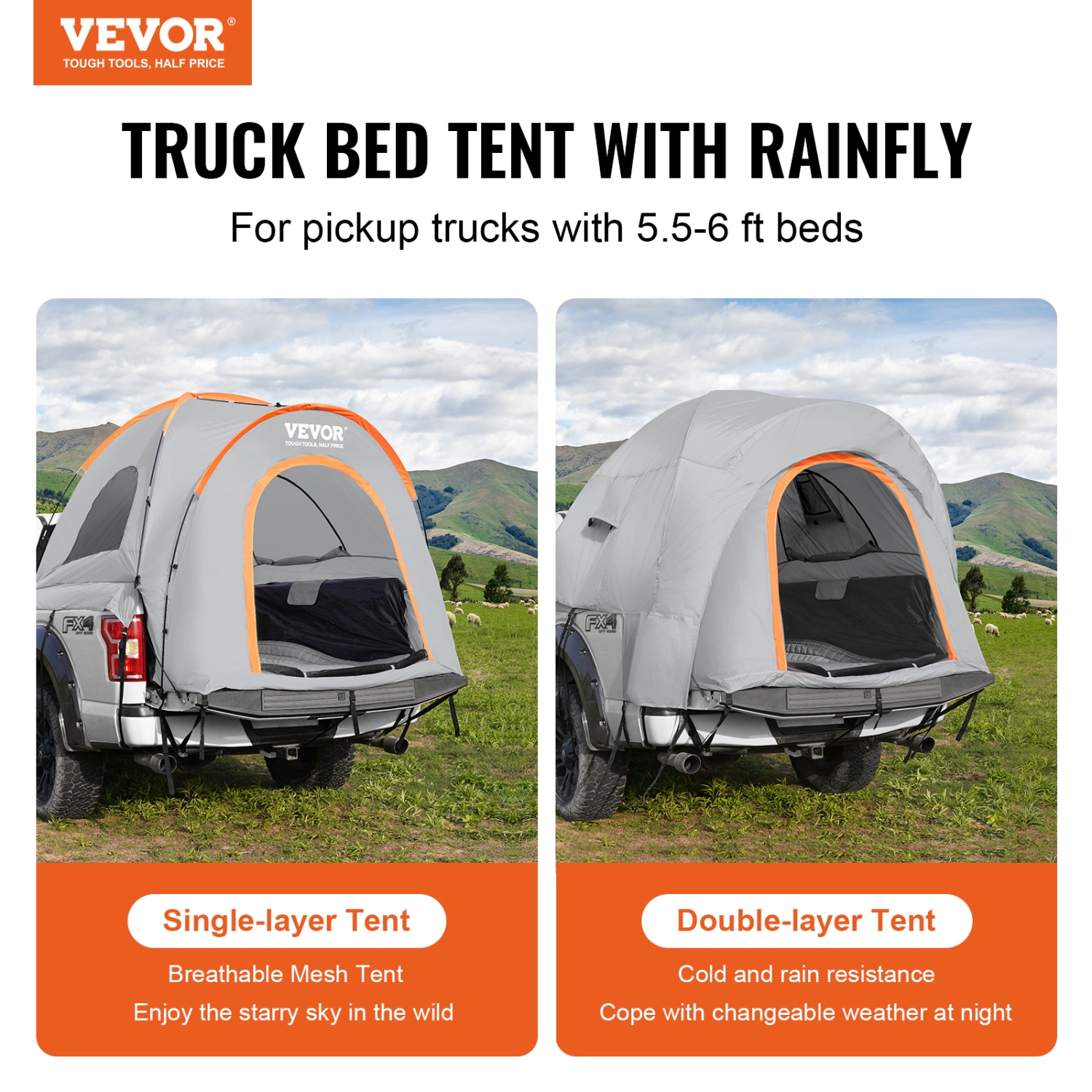 VEVOR 5.5'-6' Truck Bed Tent, Pickup Truck Tent with Rain Layer and Carry Bag, Waterproof PU2000mm Double Layer Truck Tent for Camping, Accommodate