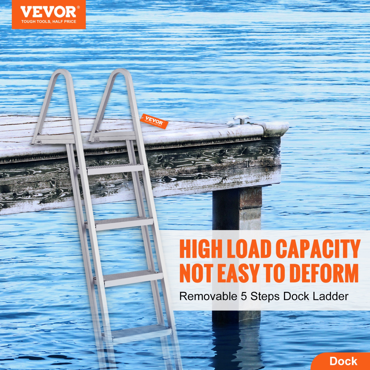VEVOR Removable Dock Ladder 5 Steps, 350 lbs Load Capacity, Pontoon Boat Ladder with 4'' Wide Step & Nonslip Design for Ship/Lake/Pool/Marine Boarding