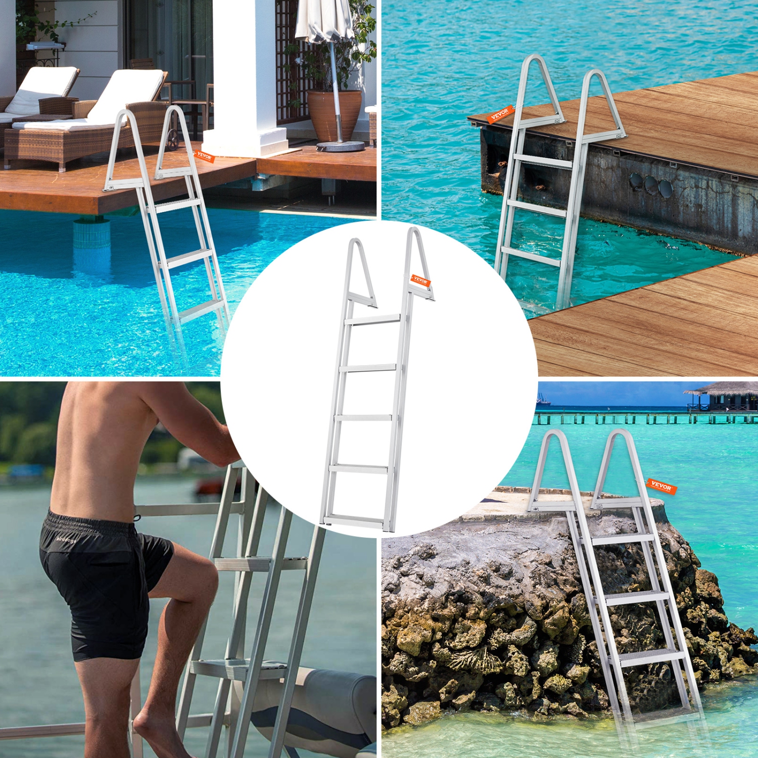 VEVOR Removable Dock Ladder 5 Steps, 350 lbs Load Capacity, Pontoon Boat Ladder with 4'' Wide Step & Nonslip Design for Ship/Lake/Pool/Marine Boarding
