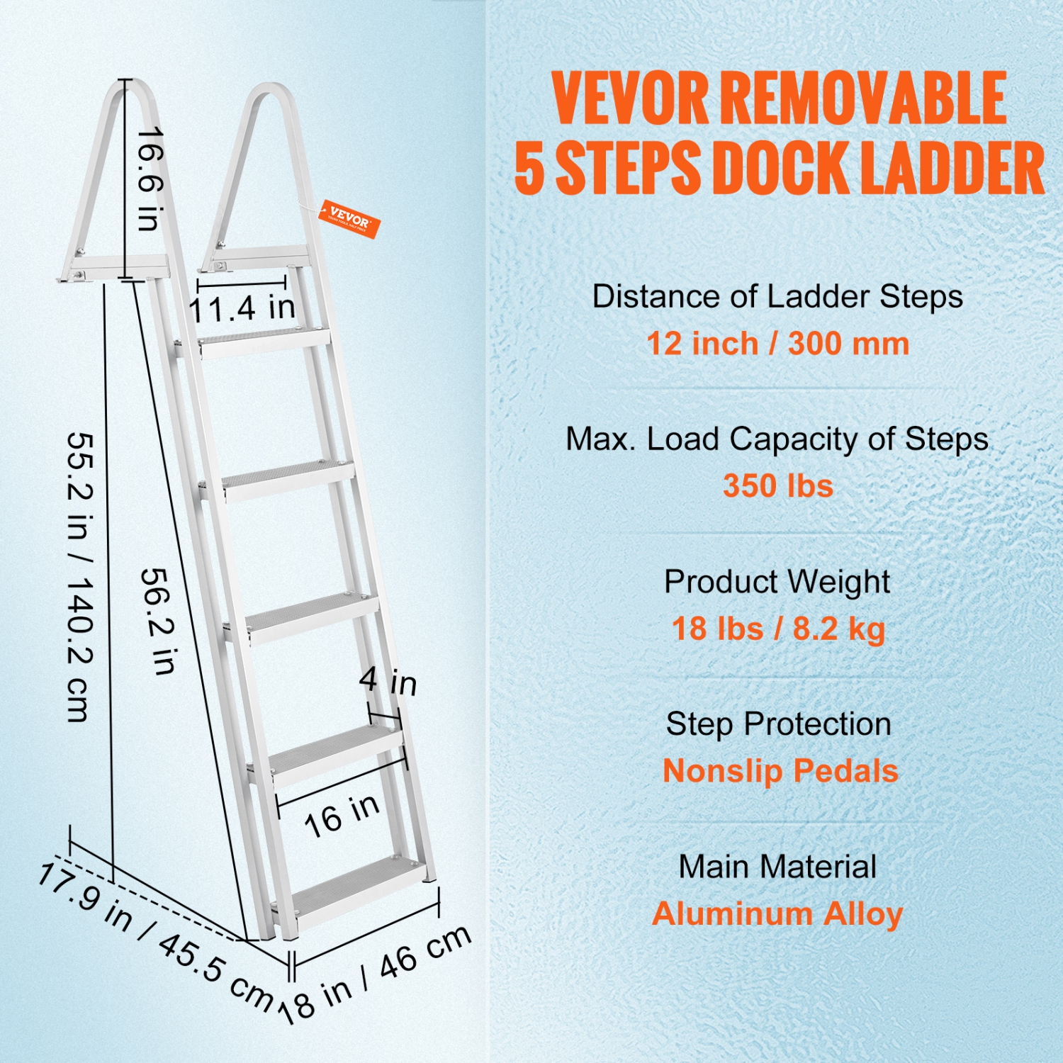 VEVOR Removable Dock Ladder 5 Steps, 350 lbs Load Capacity, Pontoon Boat Ladder with 4'' Wide Step & Nonslip Design for Ship/Lake/Pool/Marine Boarding