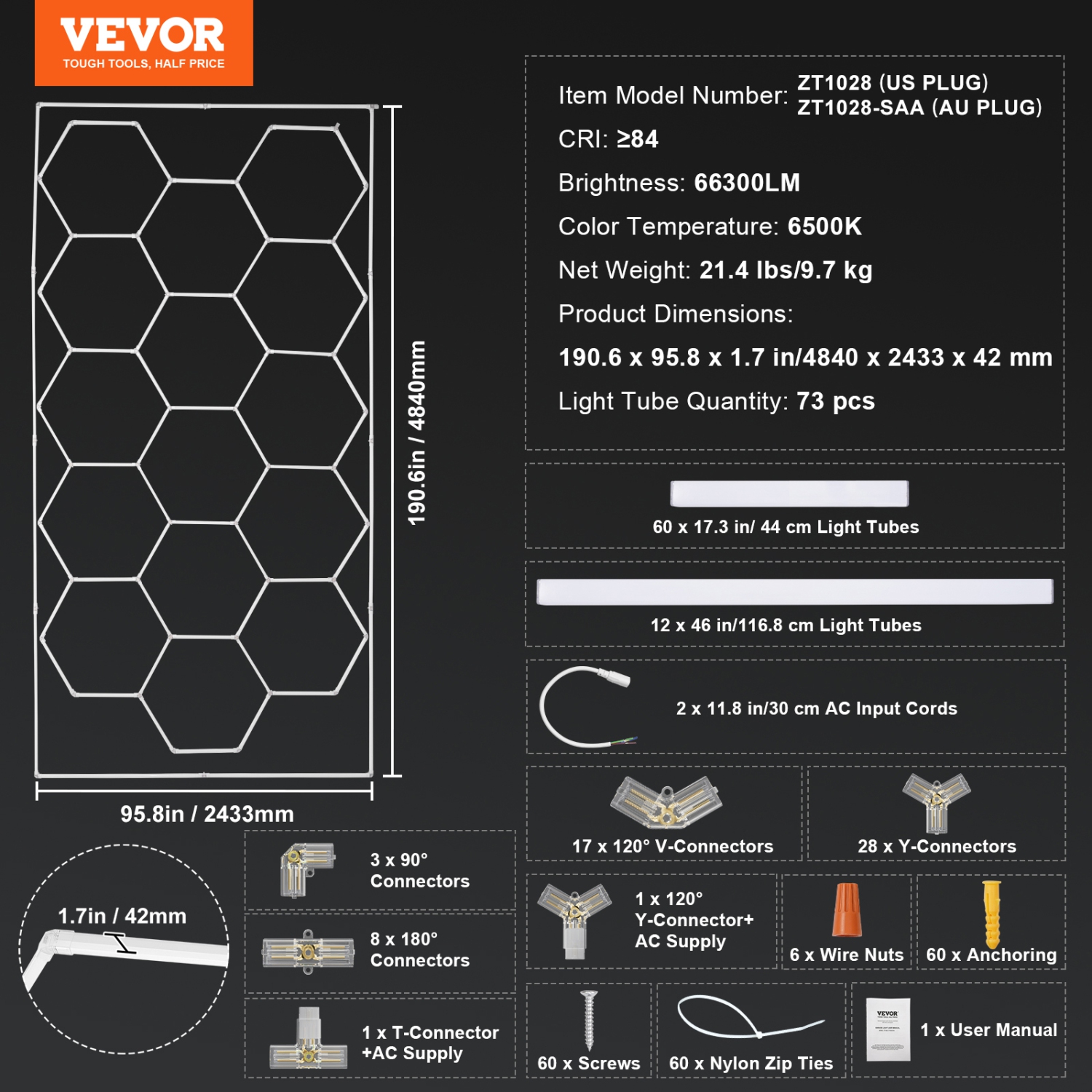 VEVOR 66300LM Hexagon Garage Lights, 6500K 15 Grid Systems Honeycomb Hexagonal Garage LED Lights, DIY Cool White Car Detailing Garage Ceiling