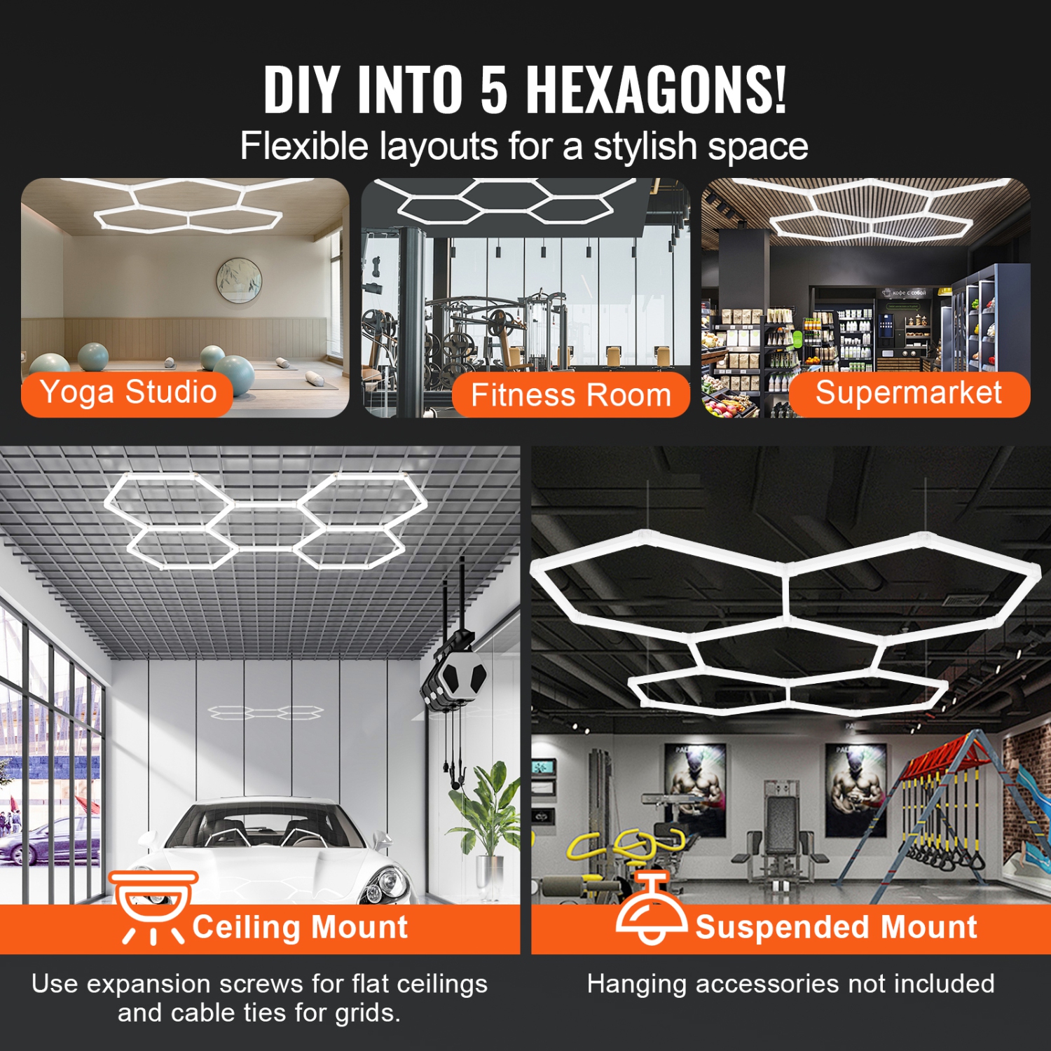 VEVOR 26400LM Hexagon Garage Lights, 6500K 5 Grid Systems Honeycomb Hexagonal Garage LED Lights, DIY Cool White Car Detailing Garage Ceiling Lighting