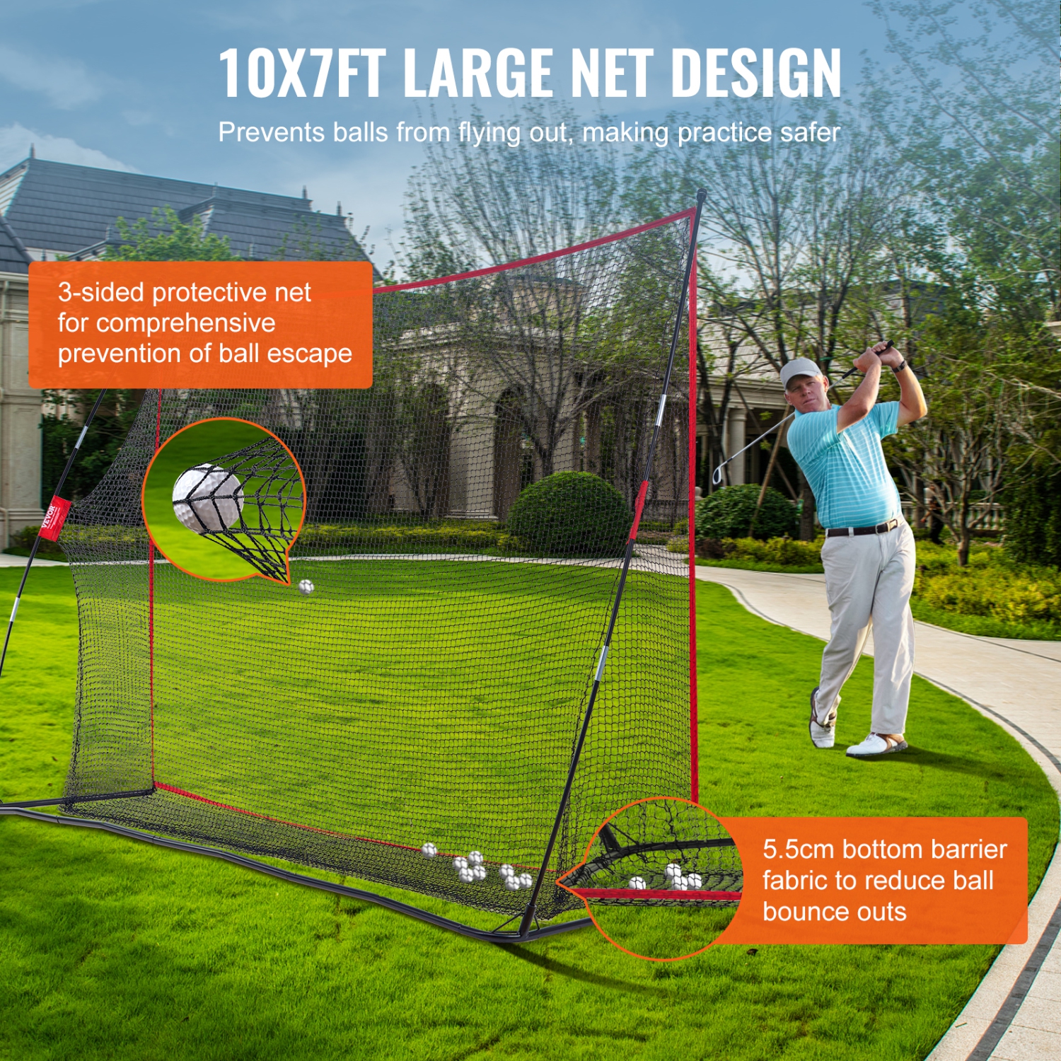VEVOR 10.8x7ft Golf Practice Hitting Net, Personal Driving Range for Indoor Outdoor Use,Portable Home Golf Aid Net with Solid Fiberglass Frame and