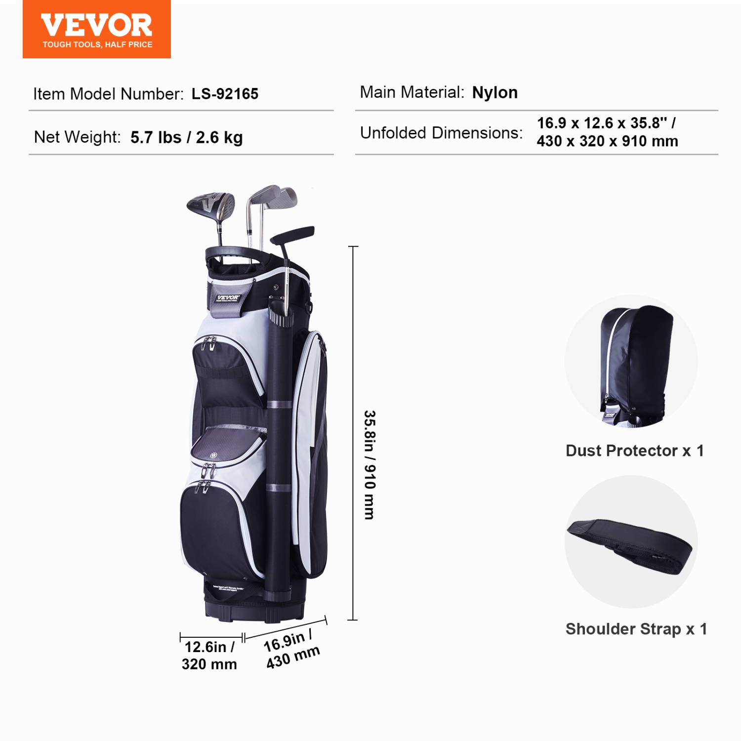 VEVOR 36” Golf Cart Bag with 14 Way Organizer Divider Top, Multiple Pockets Premium Nylon Cart Bag, Durable Golf Bags with Handles & Dust Cover &