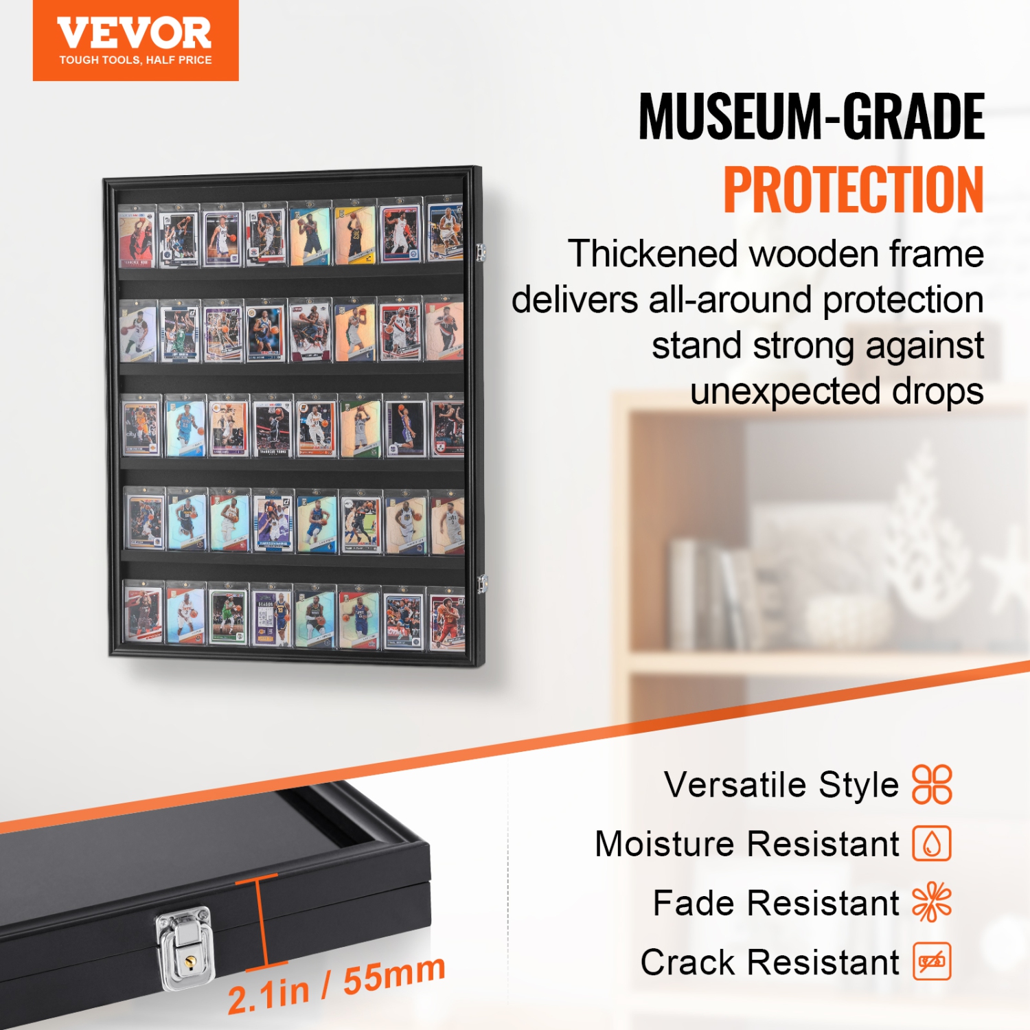 VEVOR 24.3x30.5x2.1 in 35 Graded Sports Card Display Case, Baseball Card Display Frame with 98% UV Protection Clear View PC Glass, Lockable Wall