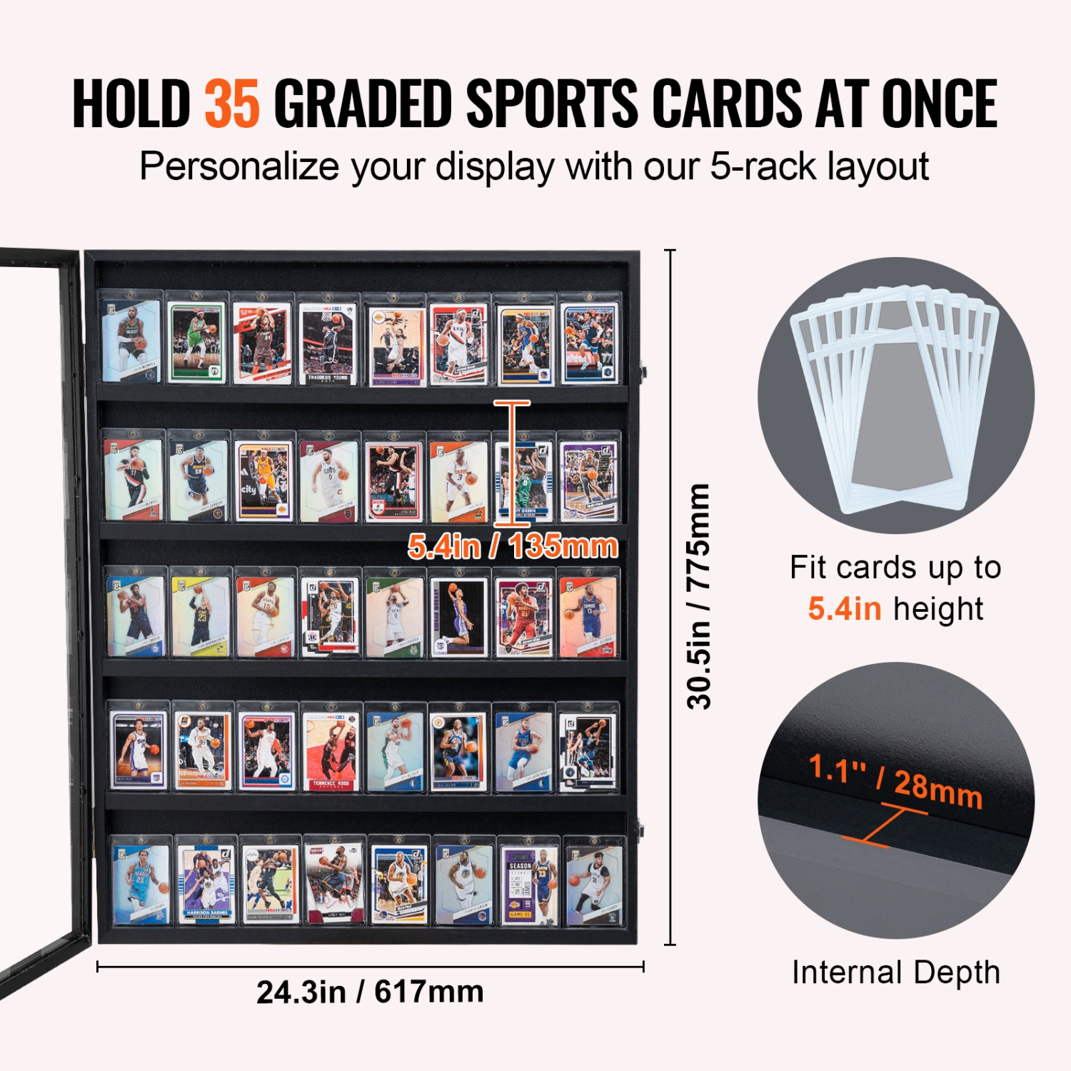VEVOR 24.3x30.5x2.1 in 35 Graded Sports Card Display Case, Baseball Card Display Frame with 98% UV Protection Clear View PC Glass, Lockable Wall
