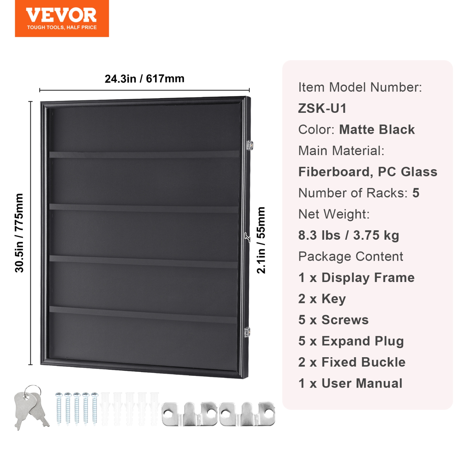 VEVOR 24.3x30.5x2.1 in 35 Graded Sports Card Display Case, Baseball Card Display Frame with 98% UV Protection Clear View PC Glass, Lockable Wall