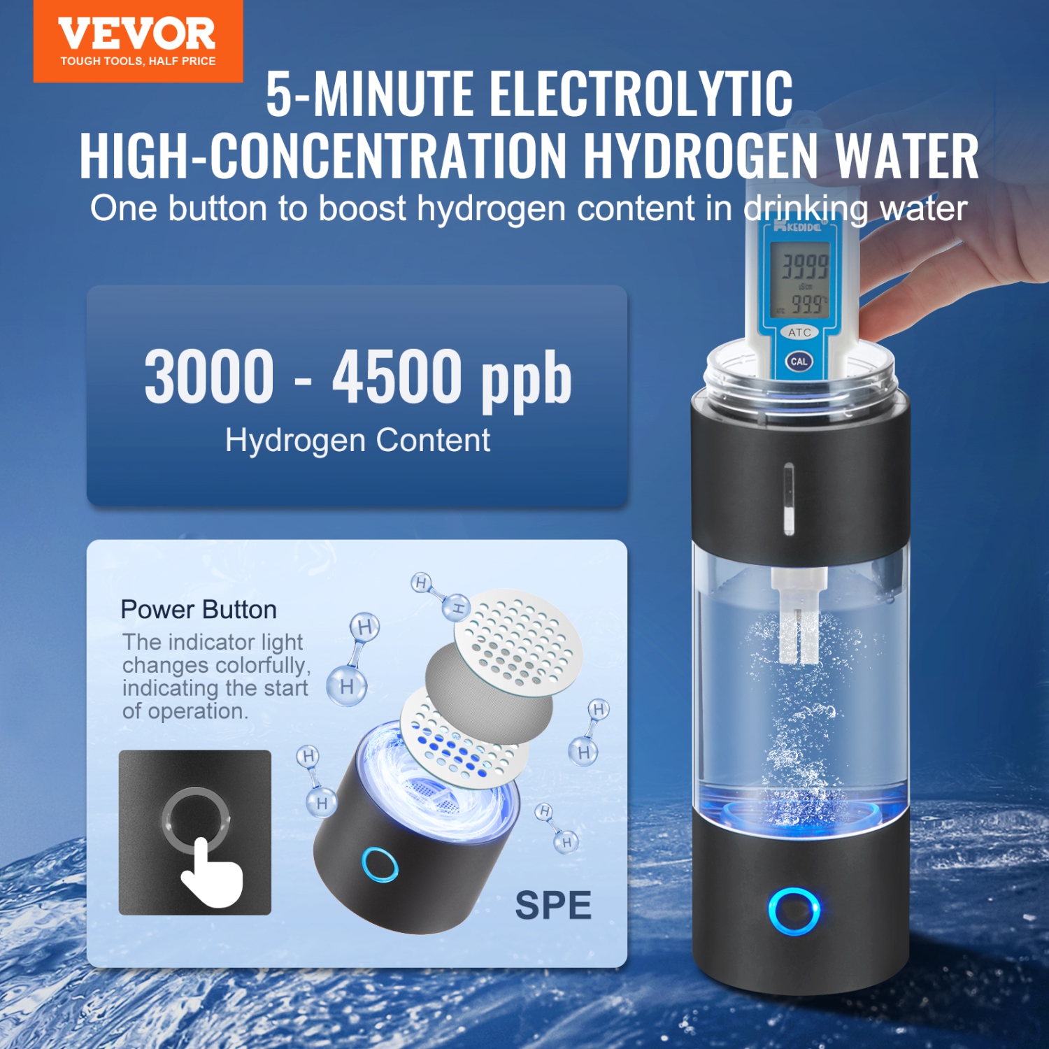 VEVOR 230 ml / 8.1 oz Hydrogen Water Bottle Generator,Portable Hydrogen Water Maker, SPE Technology Hydrogen Rich Water Ionizer Machine with Nasal