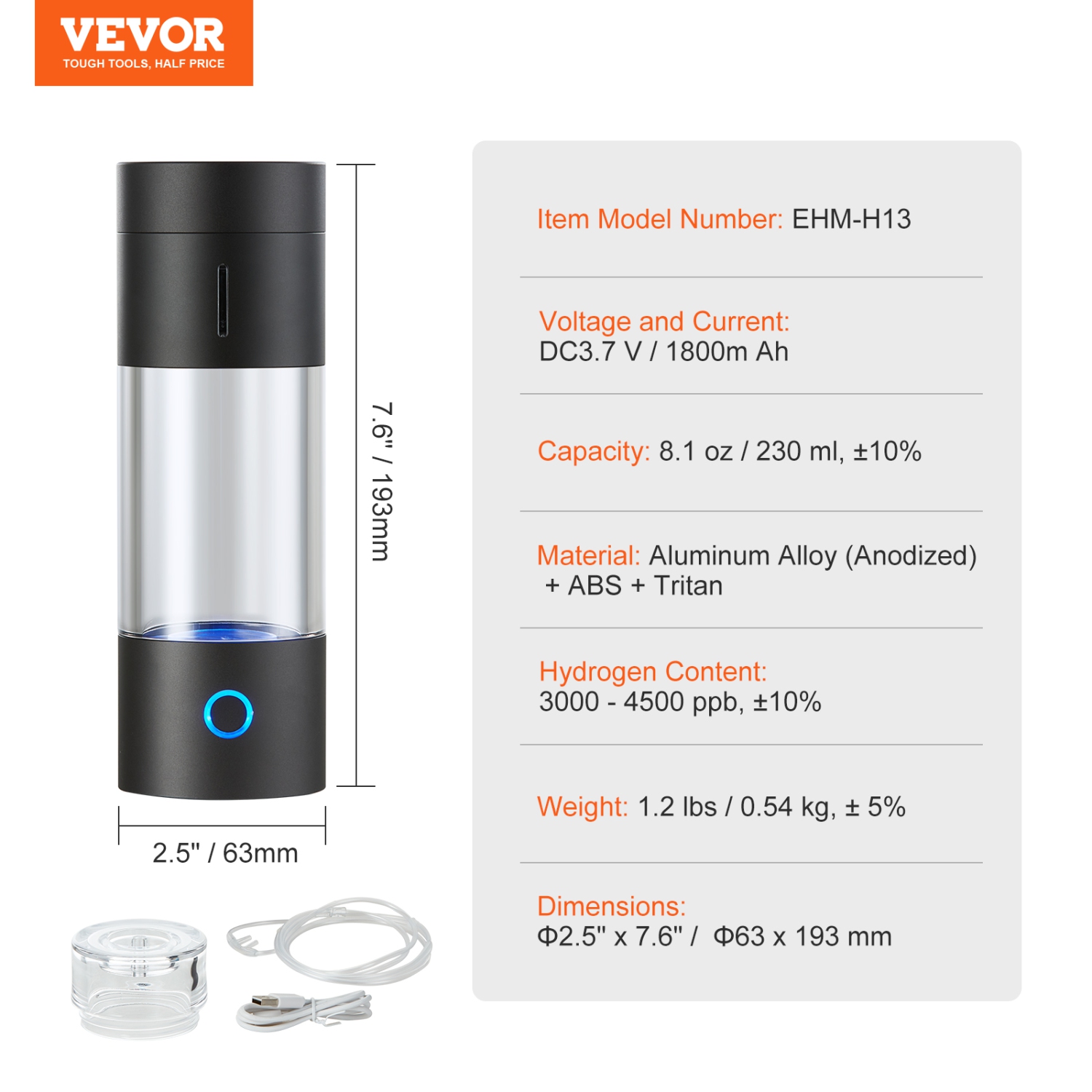 VEVOR 230 ml / 8.1 oz Hydrogen Water Bottle Generator,Portable Hydrogen Water Maker, SPE Technology Hydrogen Rich Water Ionizer Machine with Nasal