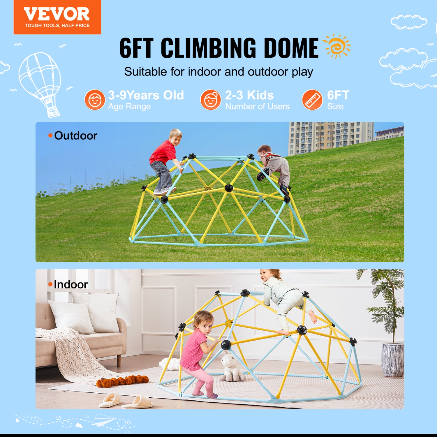 VEVOR Climbing Dome, Jungle Gym Supports 600LBS, 6FT Geometric Dome Climber Play Center for Kids 3 to 9 Years Old, with Climbing Grip, Outdoor and