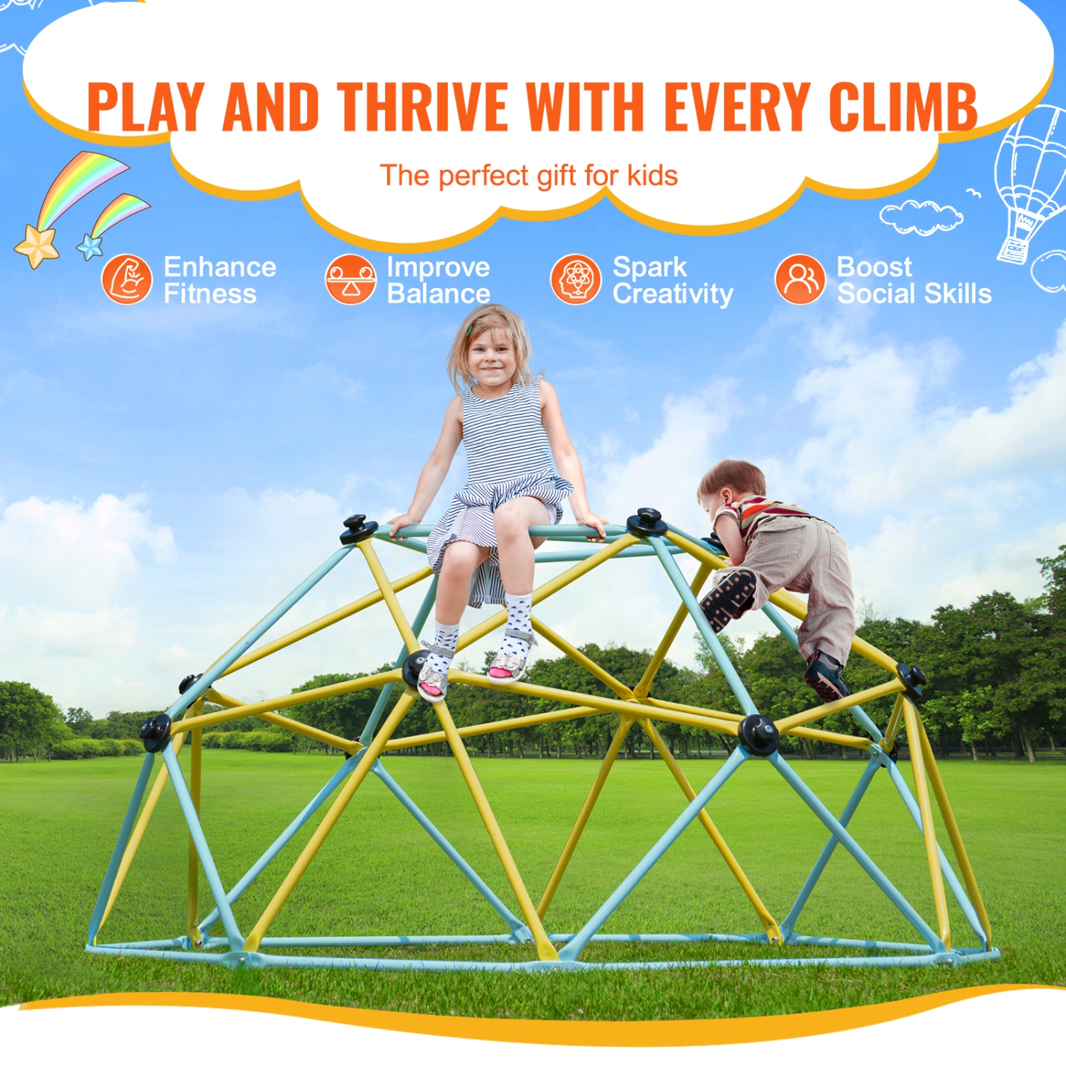 VEVOR Climbing Dome, Jungle Gym Supports 600LBS, 6FT Geometric Dome Climber Play Center for Kids 3 to 9 Years Old, with Climbing Grip, Outdoor and
