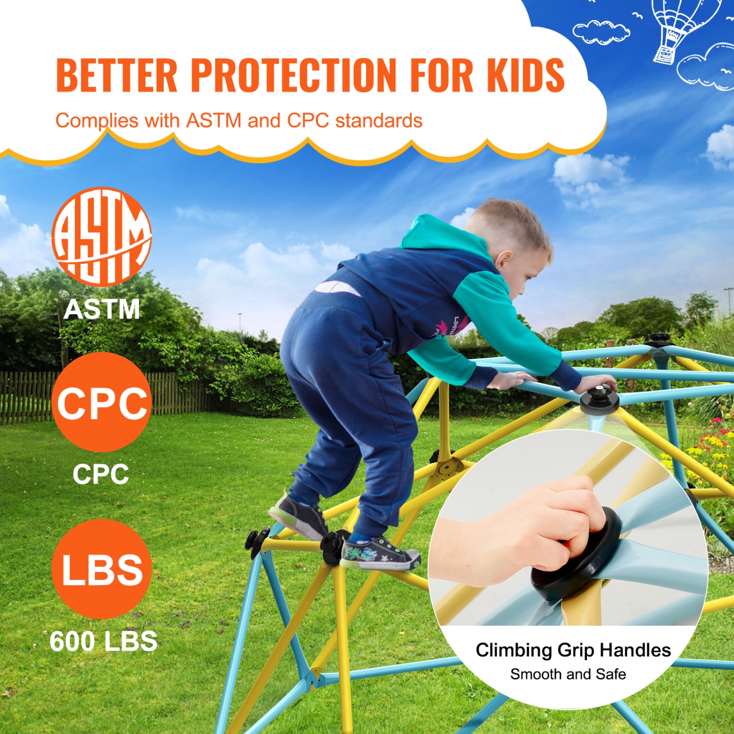 VEVOR Climbing Dome, Jungle Gym Supports 600LBS, 6FT Geometric Dome Climber Play Center for Kids 3 to 9 Years Old, with Climbing Grip, Outdoor and